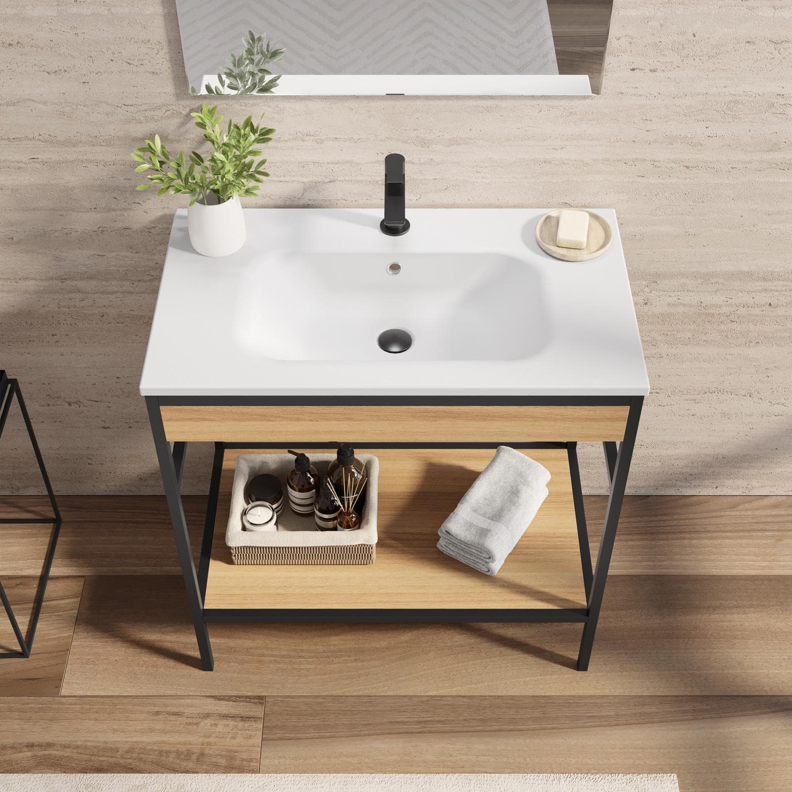 Mobile bagno a terra 80 cm nero e rovere con lavabo integrato e specchio - Axis