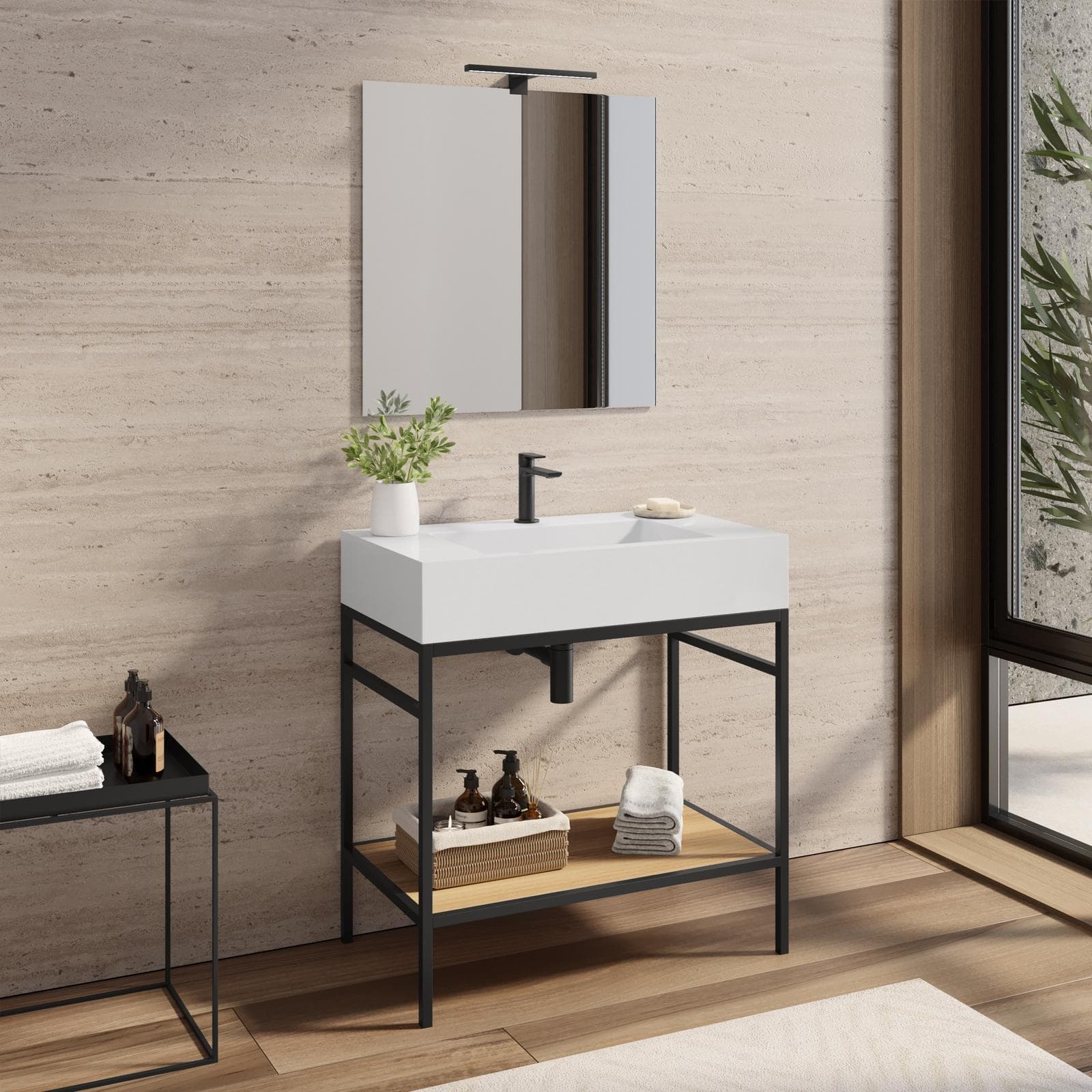 Mobile bagno a terra 80 cm nero e rovere con top lavabo e specchio - Axis
