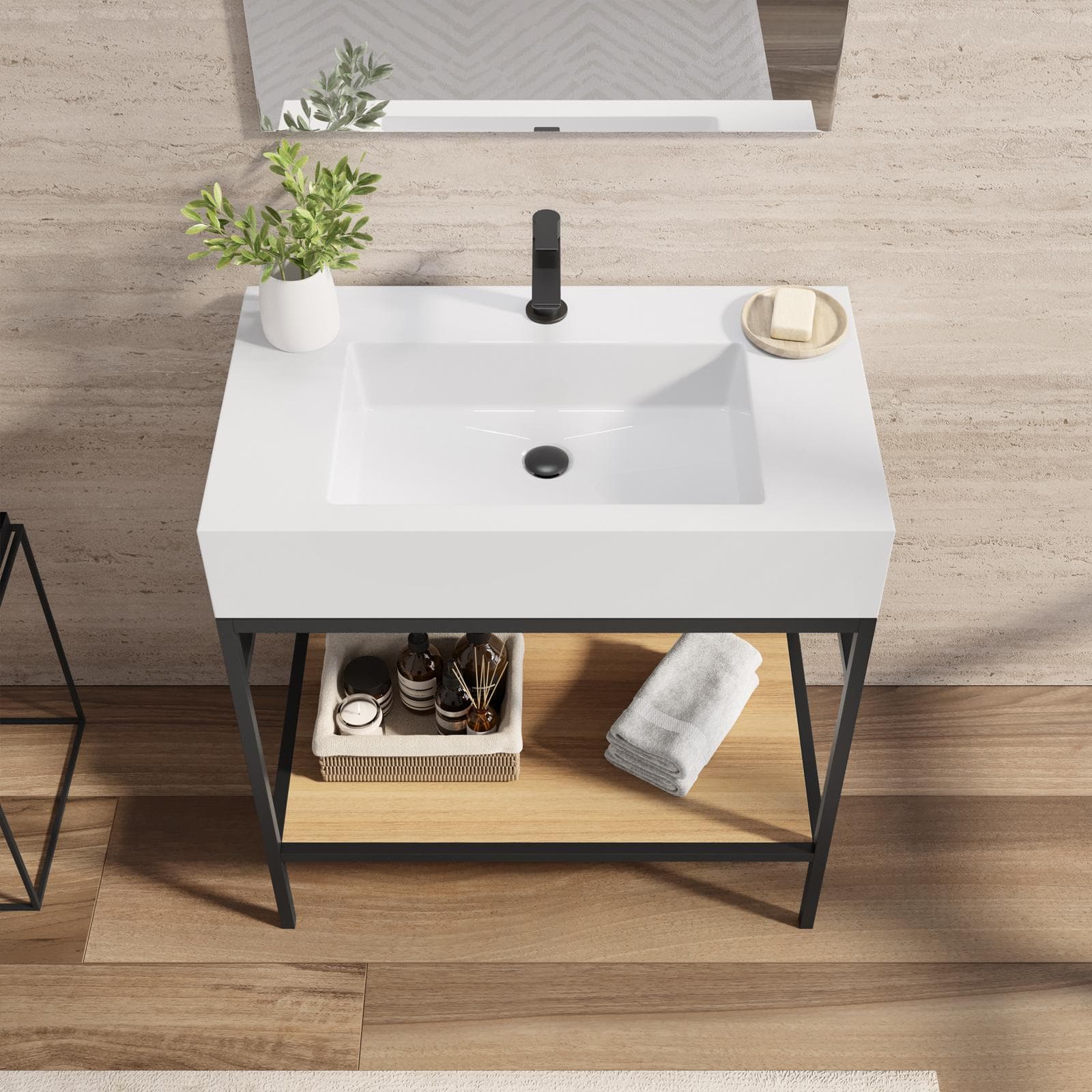 Mobile bagno a terra 80 cm nero e rovere con top lavabo e specchio - Axis