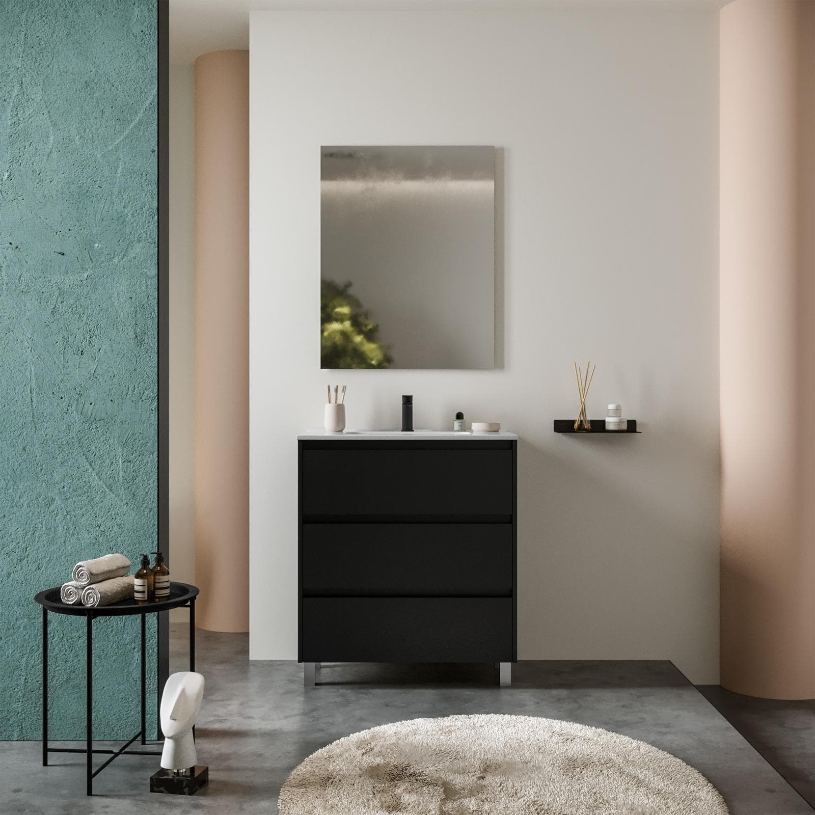 Mobile bagno a terra 80 cm nero satinato con lavabo e specchio - Libras
