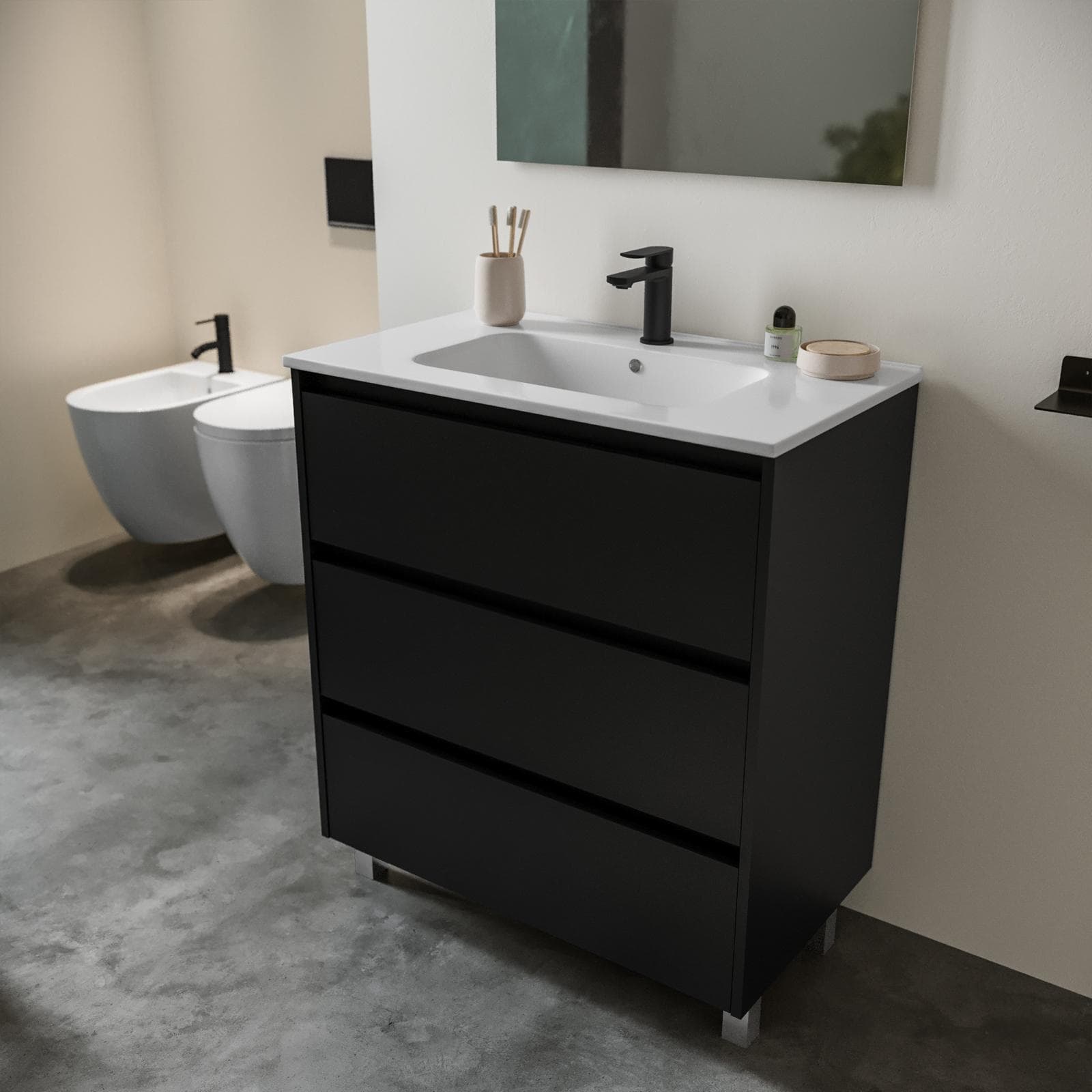 Mobile bagno a terra 80 cm nero satinato con lavabo e specchio - Libras