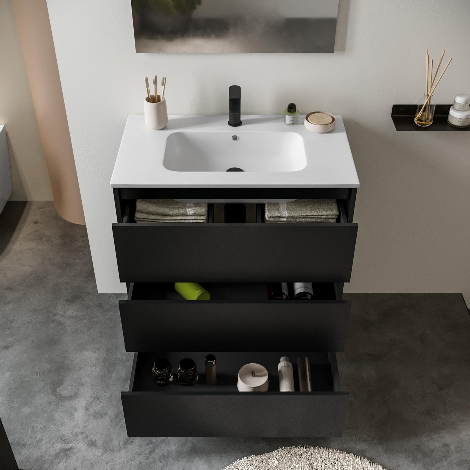 Mobile bagno a terra 80 cm nero satinato con lavabo e specchio - Libras