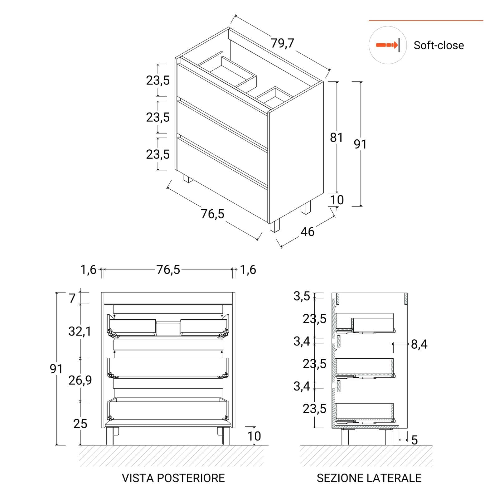Mobile bagno a terra 80 cm nero satinato con lavabo e specchio - Libras