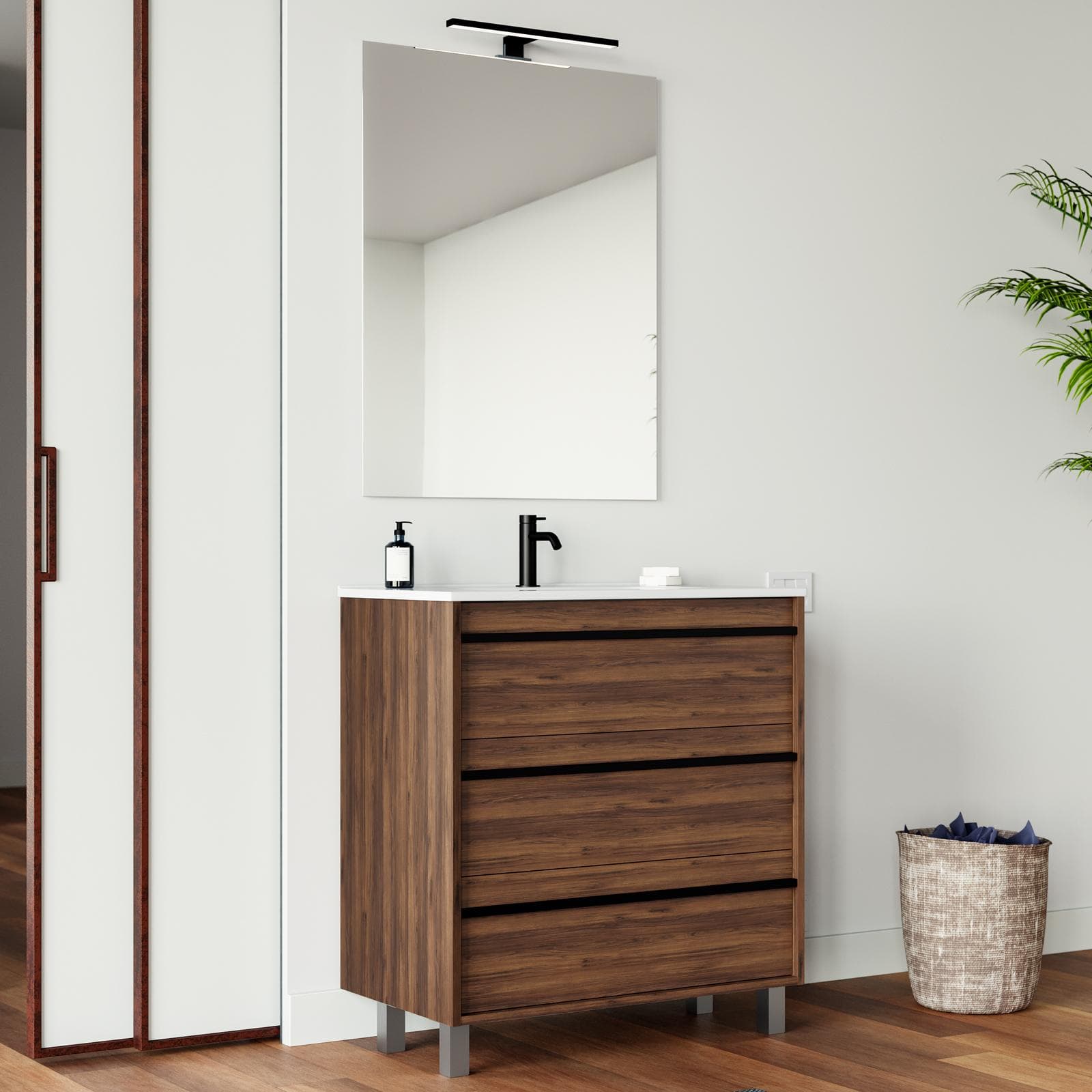 Mobile bagno a terra 80 cm rovere scuro con lavabo e specchio - Maestro