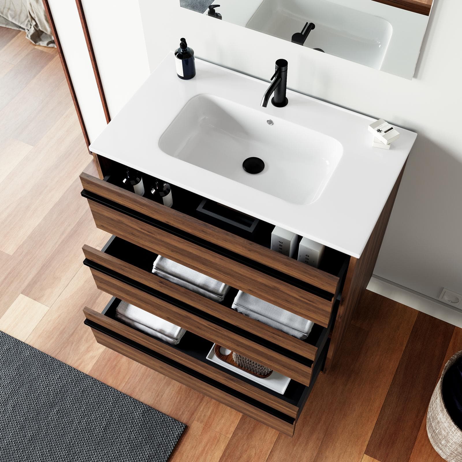 Mobile bagno a terra 80 cm rovere scuro con lavabo e specchio - Maestro