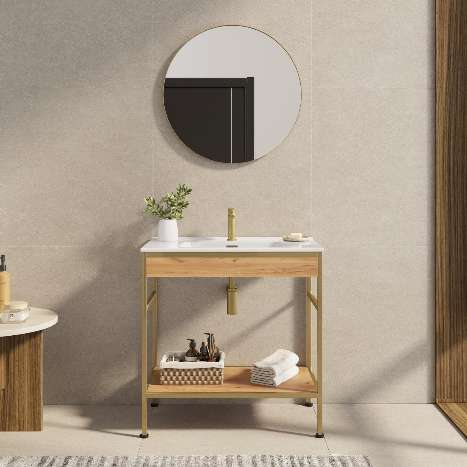 Mobile bagno a terra 80 cm oro spazzolato e rovere con lavabo integrato e specchio - Axis