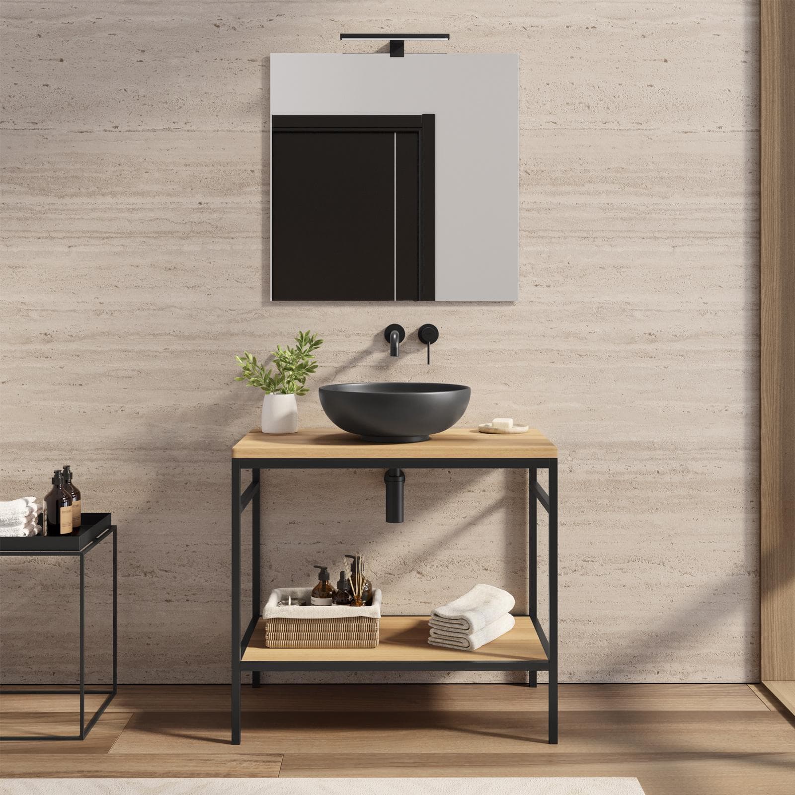 Mobile bagno a terra 80 cm portalavabo nero e rovere con specchio - Axis