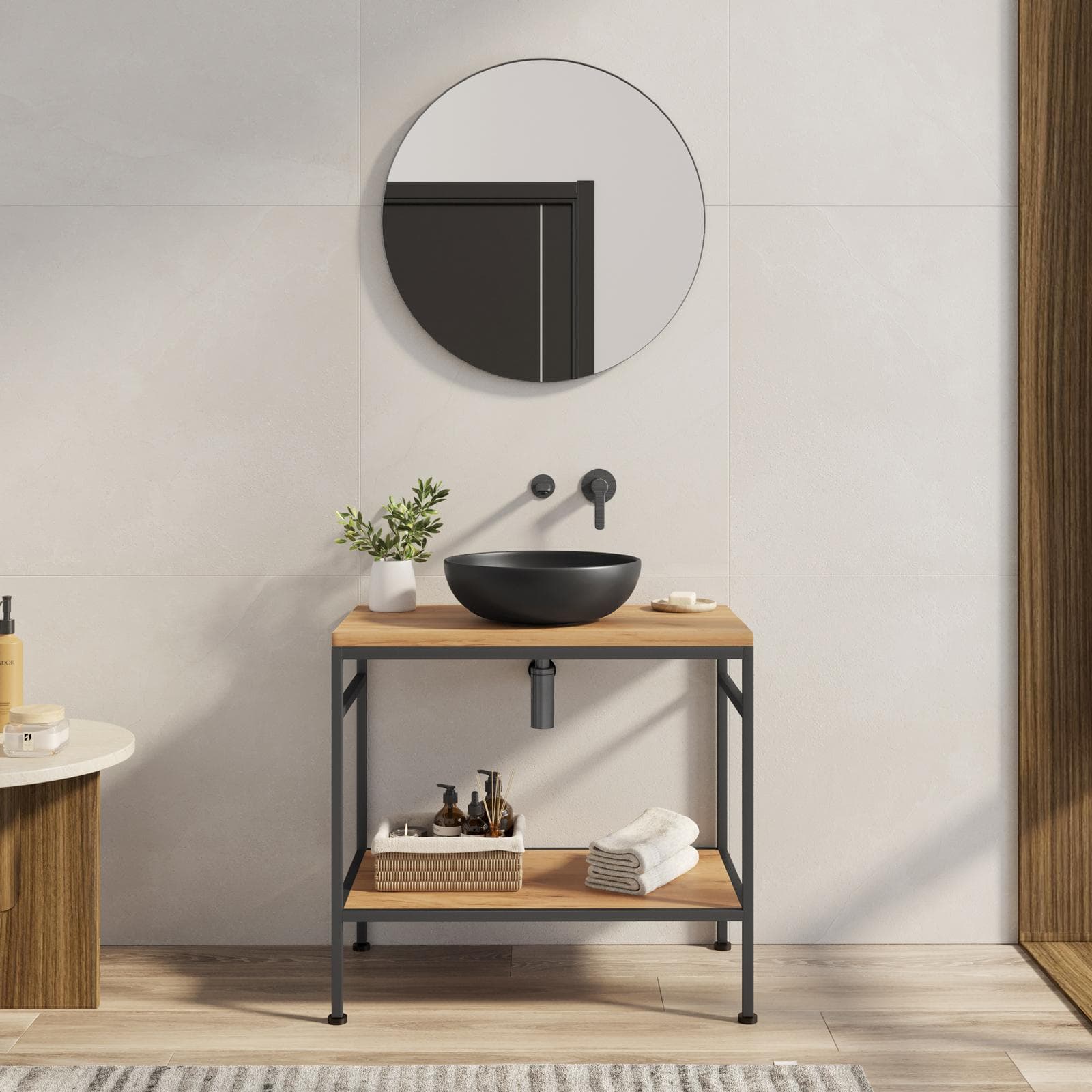 Mobile bagno a terra 80 cm portalavabo nero spazzolato e rovere con specchio - Axis
