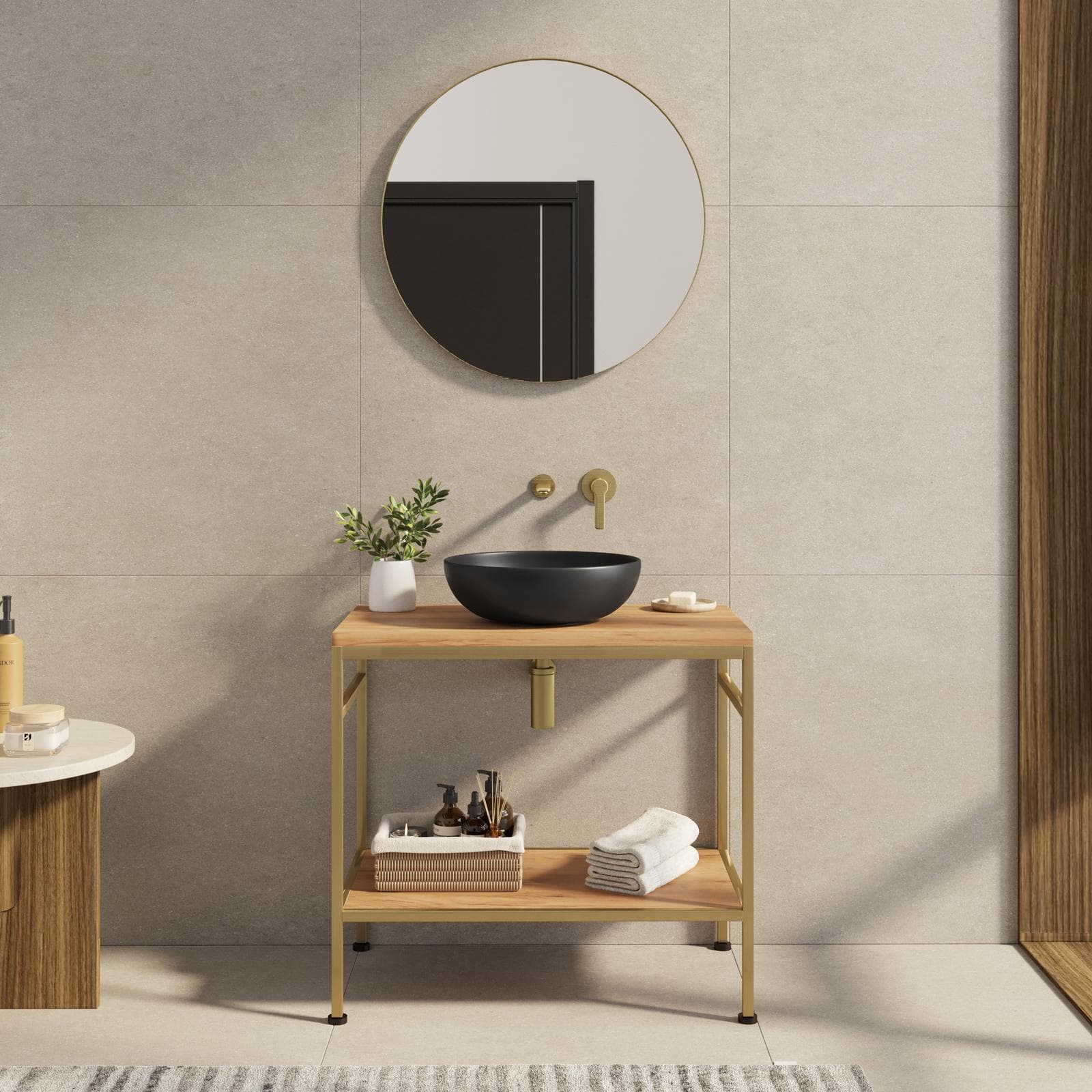 Mobile bagno a terra 80 cm portalavabo oro spazzolato e rovere con specchio - Axis