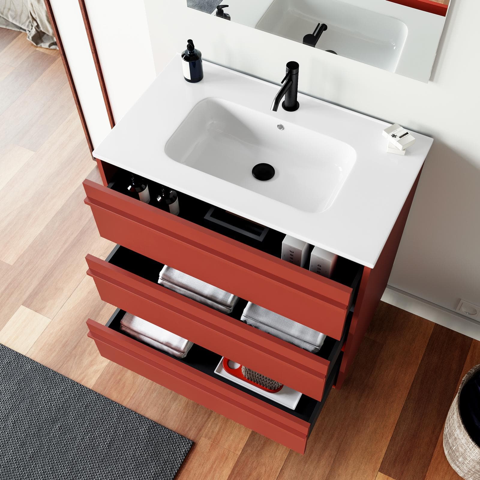 Mobile bagno a terra 80 cm red satinato con lavabo e specchio - Maestro