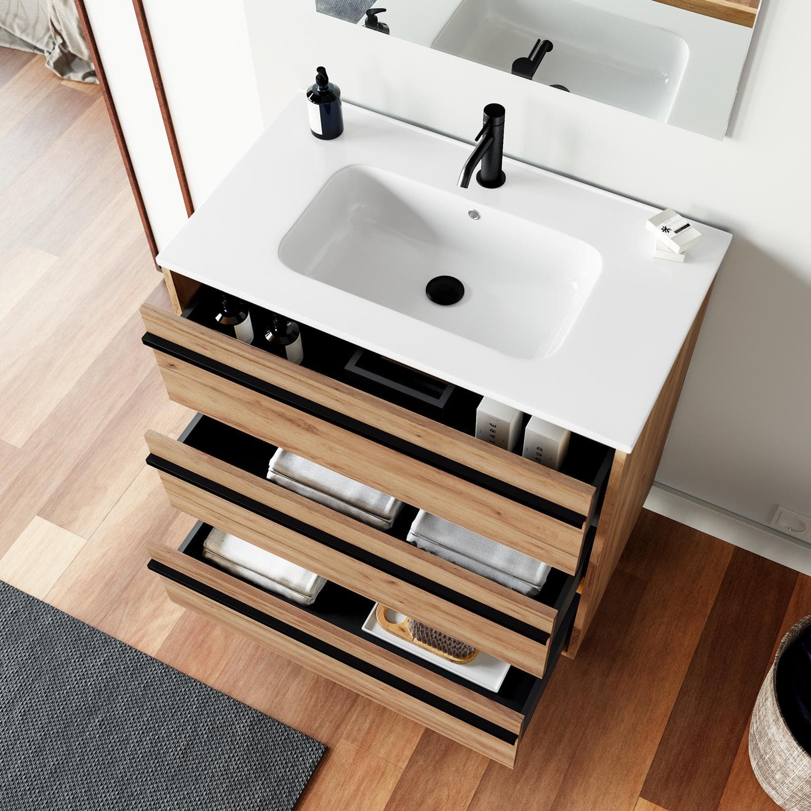 Mobile bagno a terra 80 cm rovere africa con lavabo e specchio - Maestro