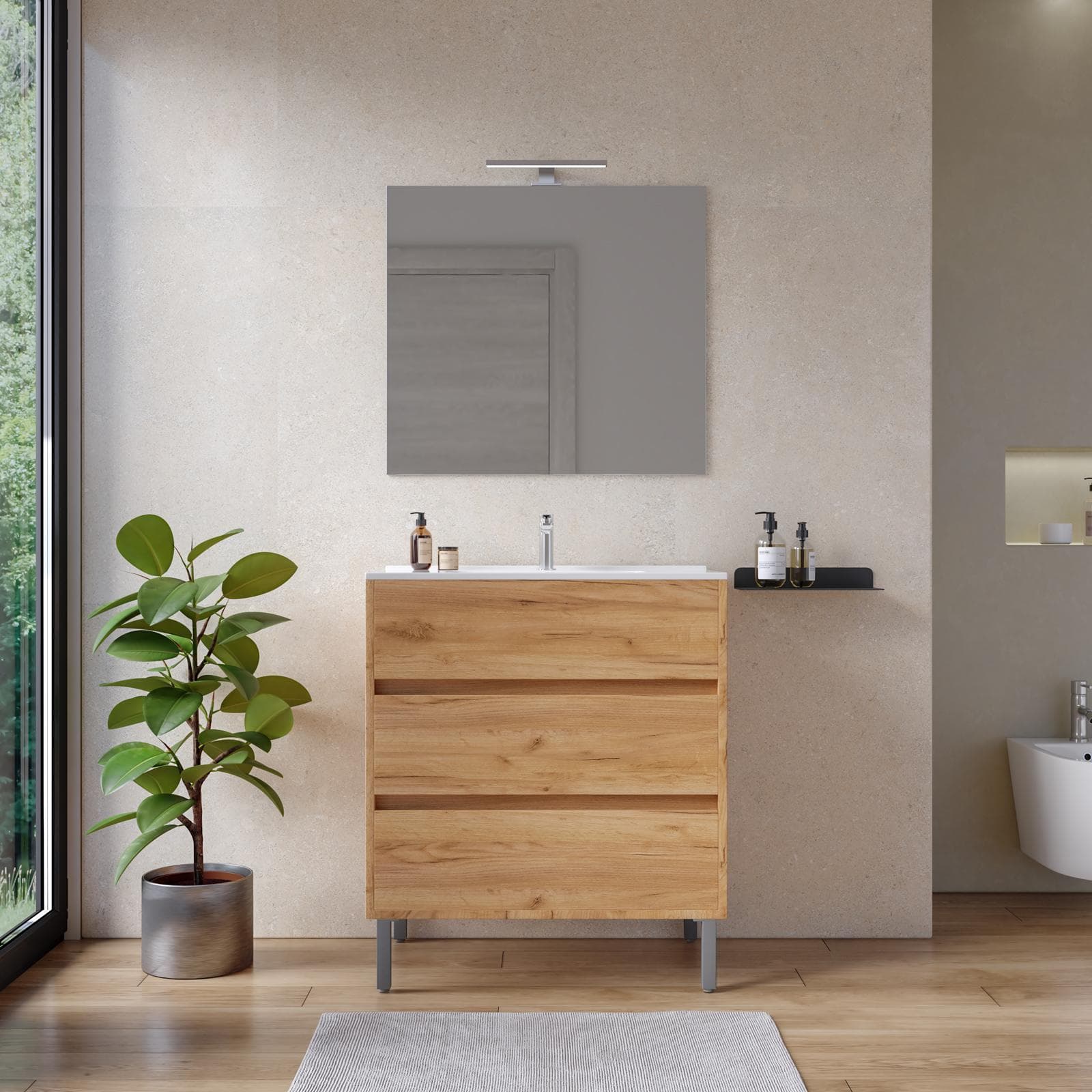 Mobile bagno a terra 80 cm rovere gold con lavabo e specchio - Calipso