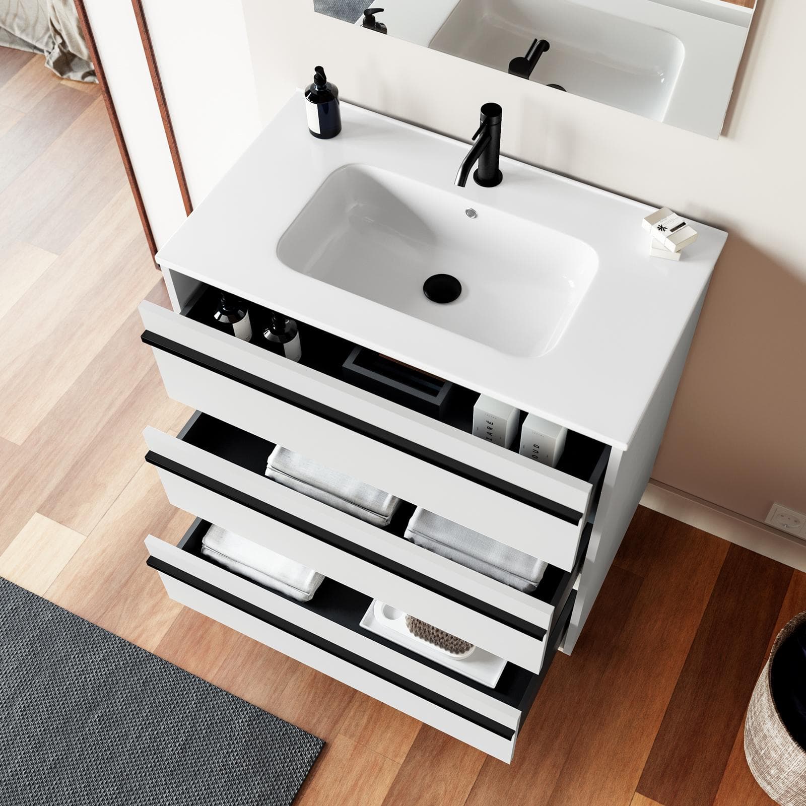 Mobile bagno a terra 80 cm white satinato con lavabo e specchio - Maestro