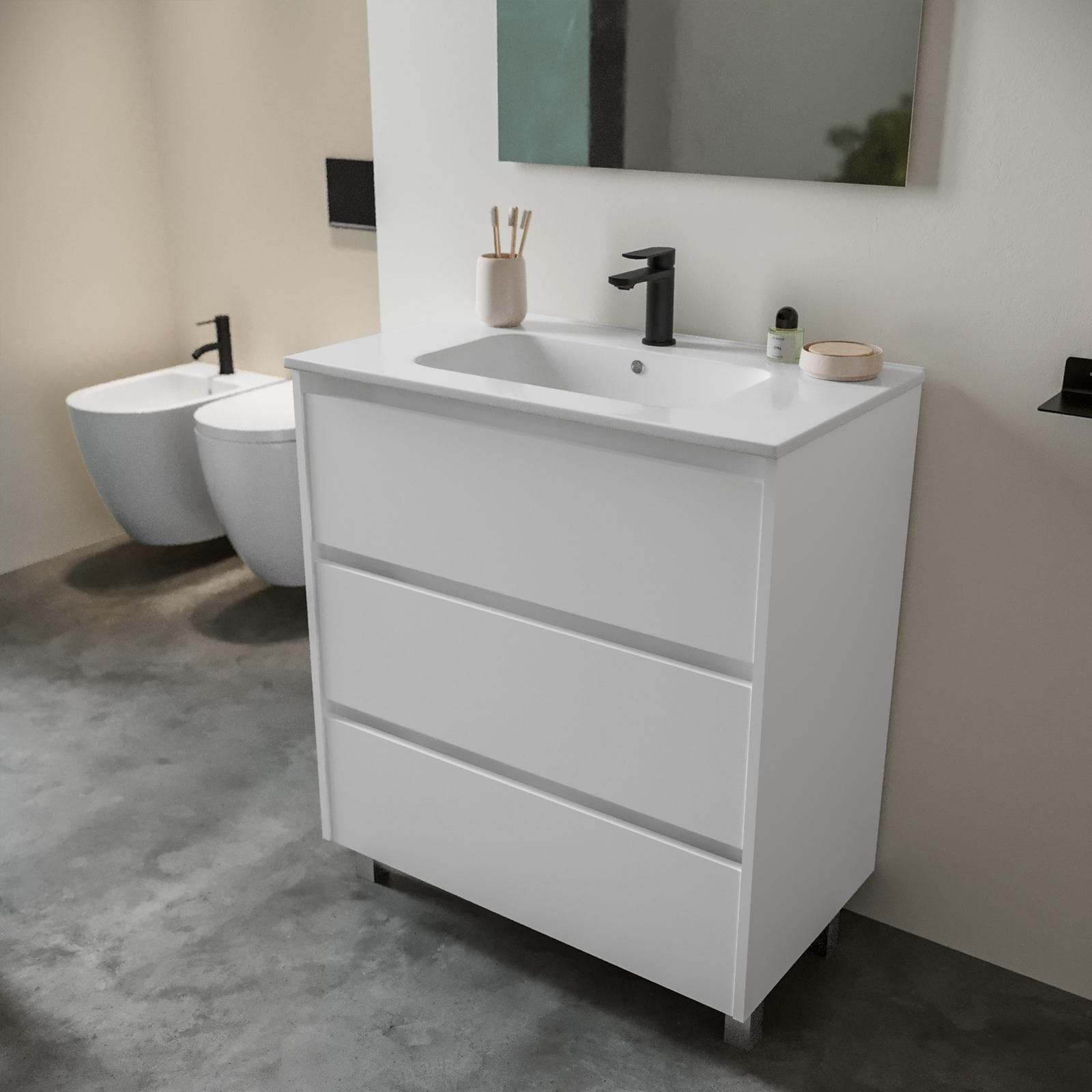 Mobile bagno a terra 80 cm white satinato con lavabo e specchio - Libras