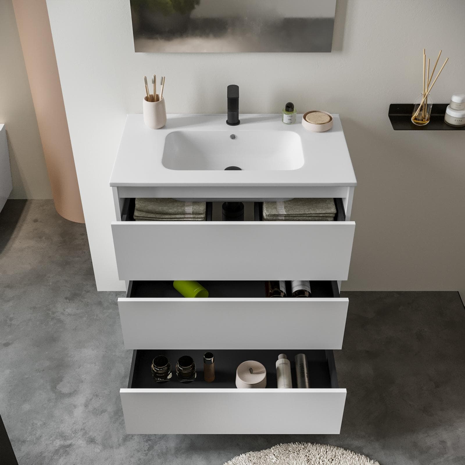 Mobile bagno a terra 80 cm white satinato con lavabo e specchio - Libras
