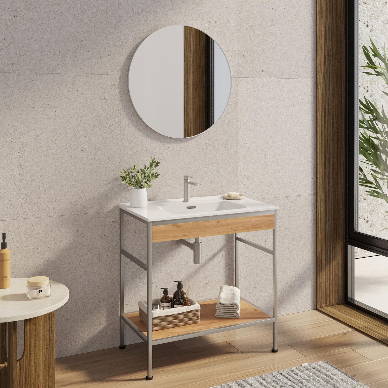 Mobile bagno a terra 90 cm acciao inox satinato e rovere con lavabo integrato e specchio - Axis