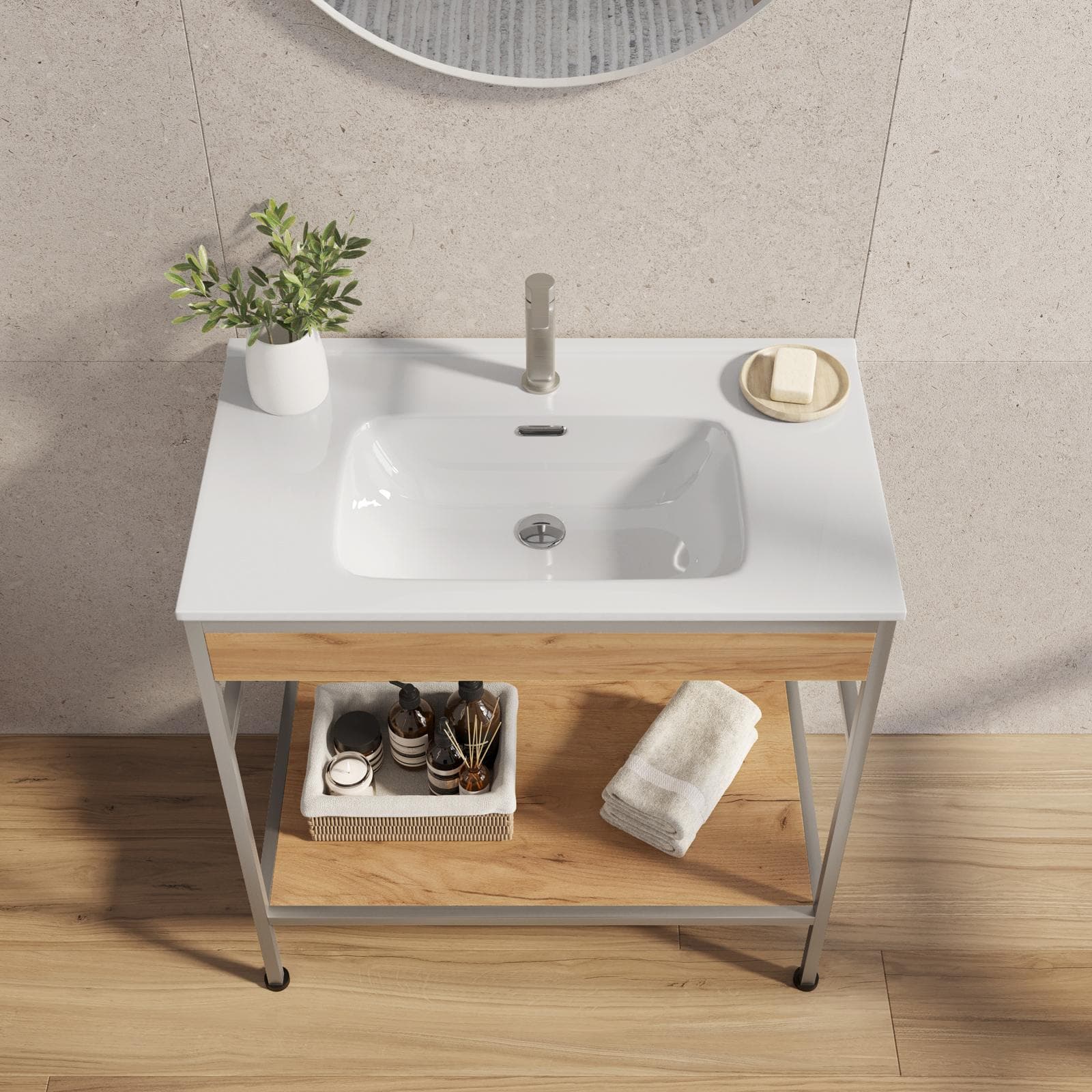 Mobile bagno a terra 90 cm acciao inox satinato e rovere con lavabo integrato e specchio - Axis