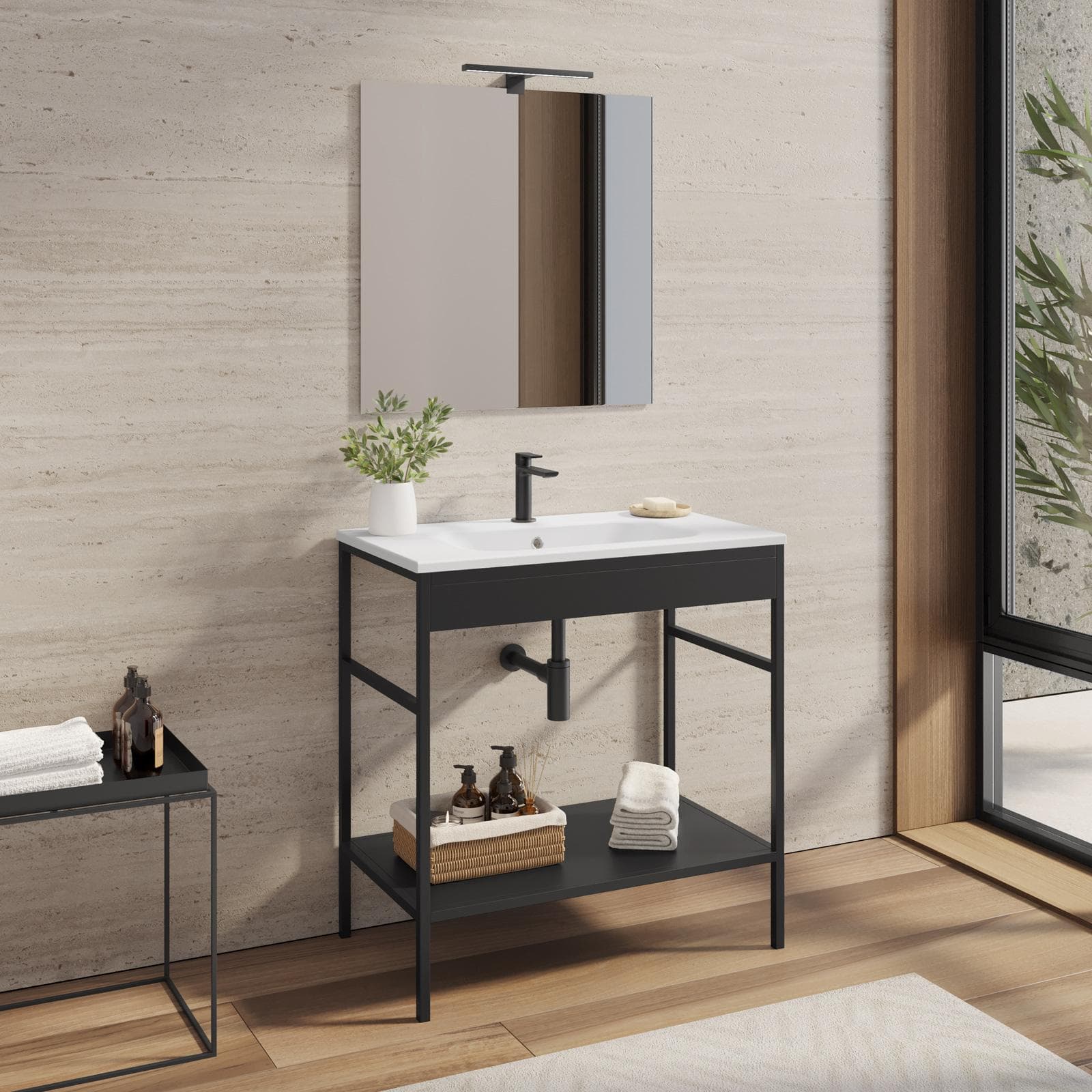 Mobile bagno a terra 90 cm nero con lavabo integrato e specchio - Axis