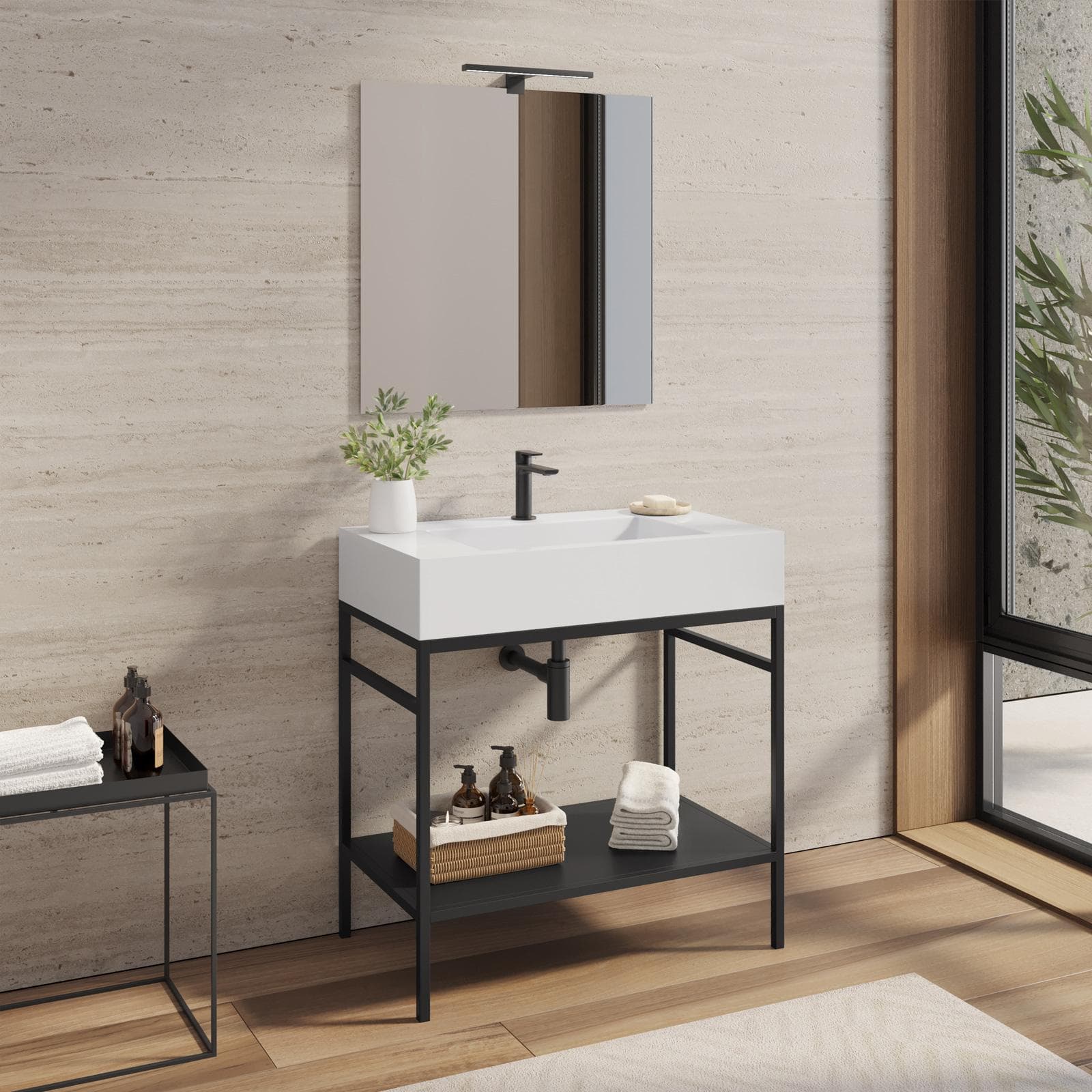 Mobile bagno a terra 90 cm nero con top lavabo e specchio - Axis
