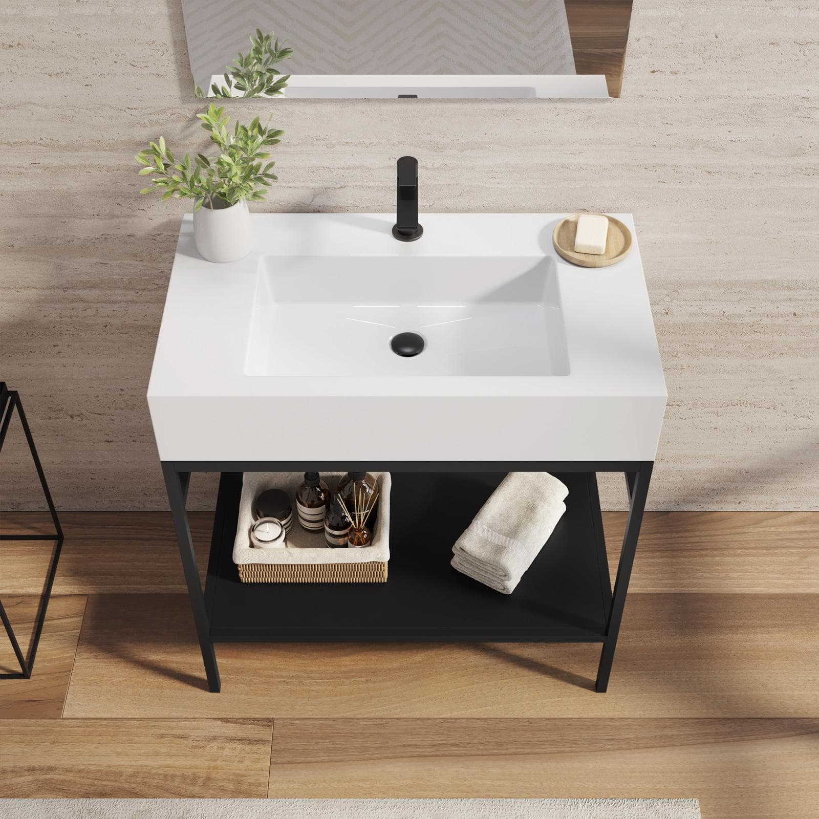 Mobile bagno a terra 90 cm nero con top lavabo e specchio - Axis
