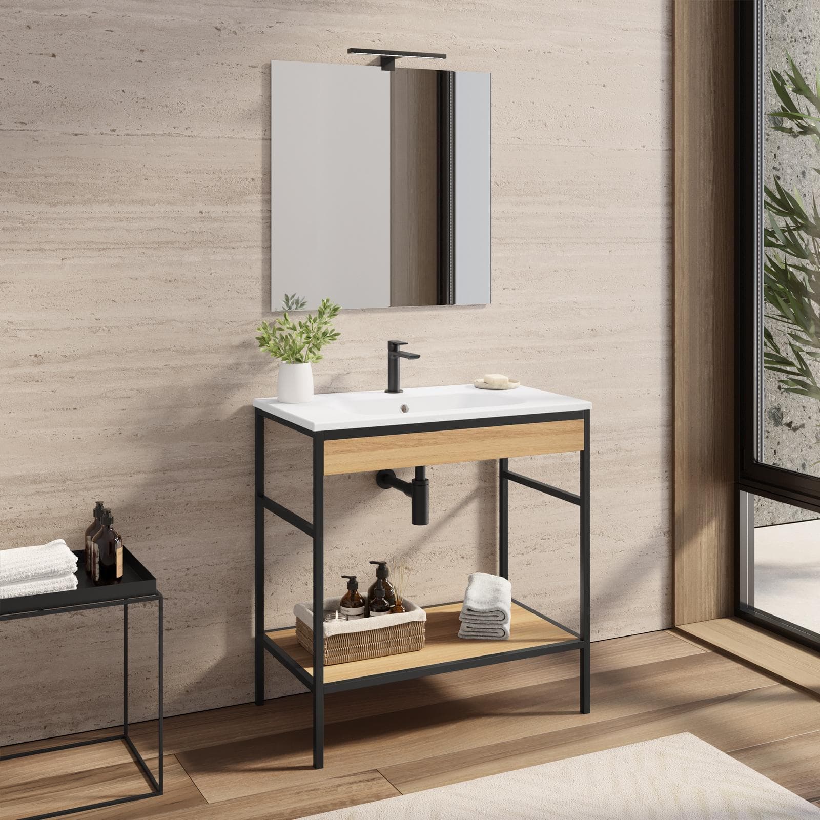 Mobile bagno a terra 90 cm nero e rovere con lavabo integrato e specchio - Axis
