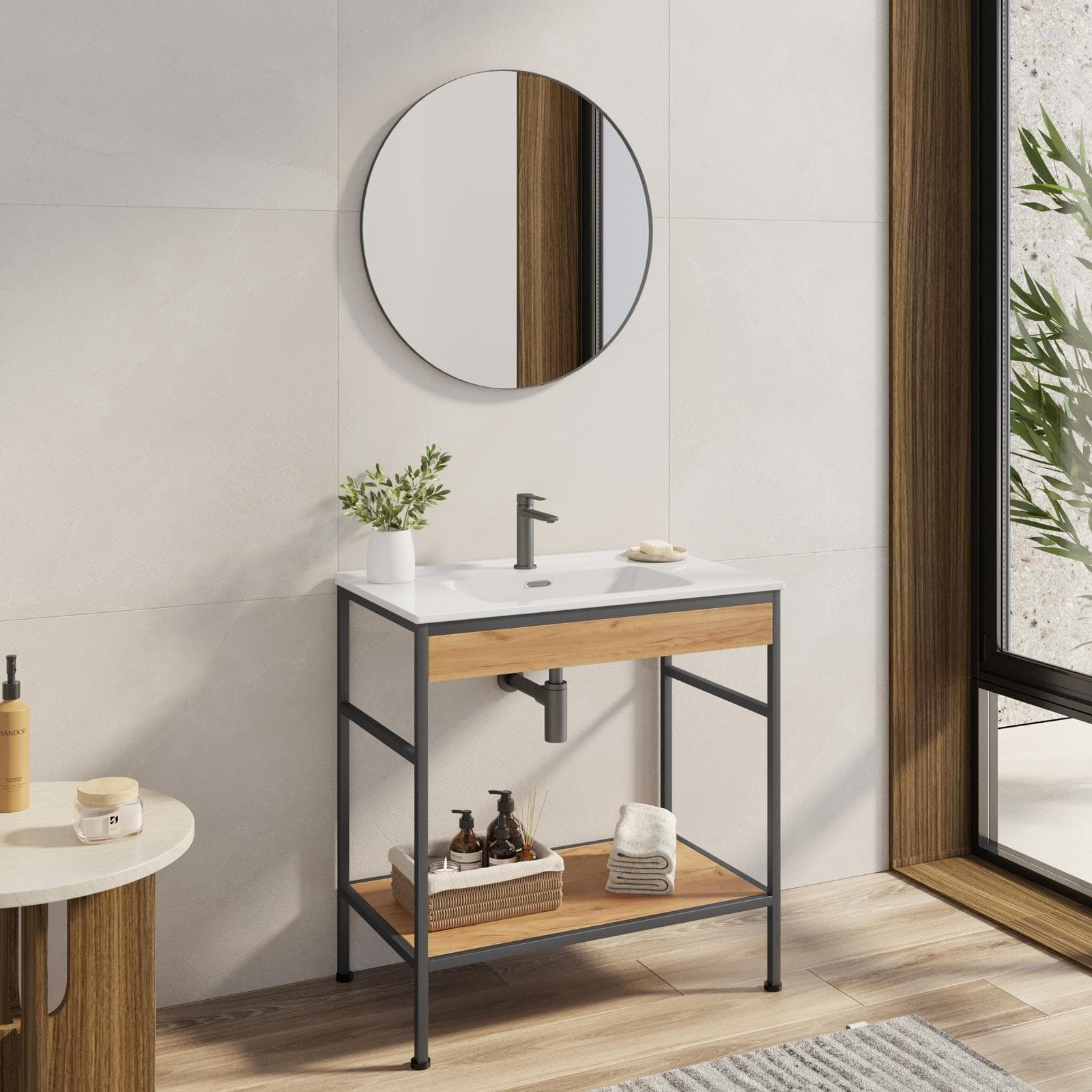 Mobile bagno a terra 90 cm nero spazzolato e rovere con lavabo integrato e specchio - Axis