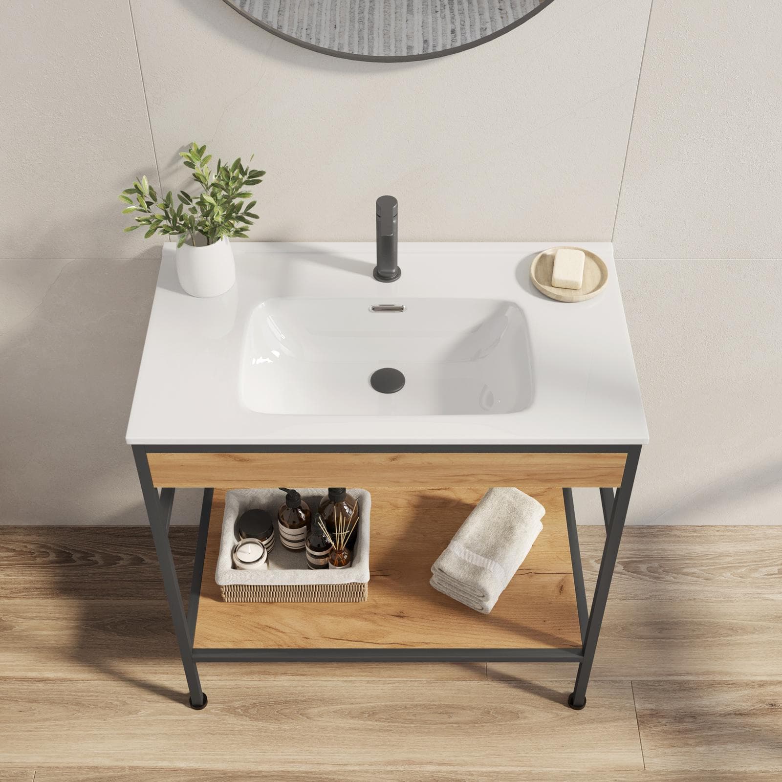 Mobile bagno a terra 90 cm nero spazzolato e rovere con lavabo integrato e specchio - Axis