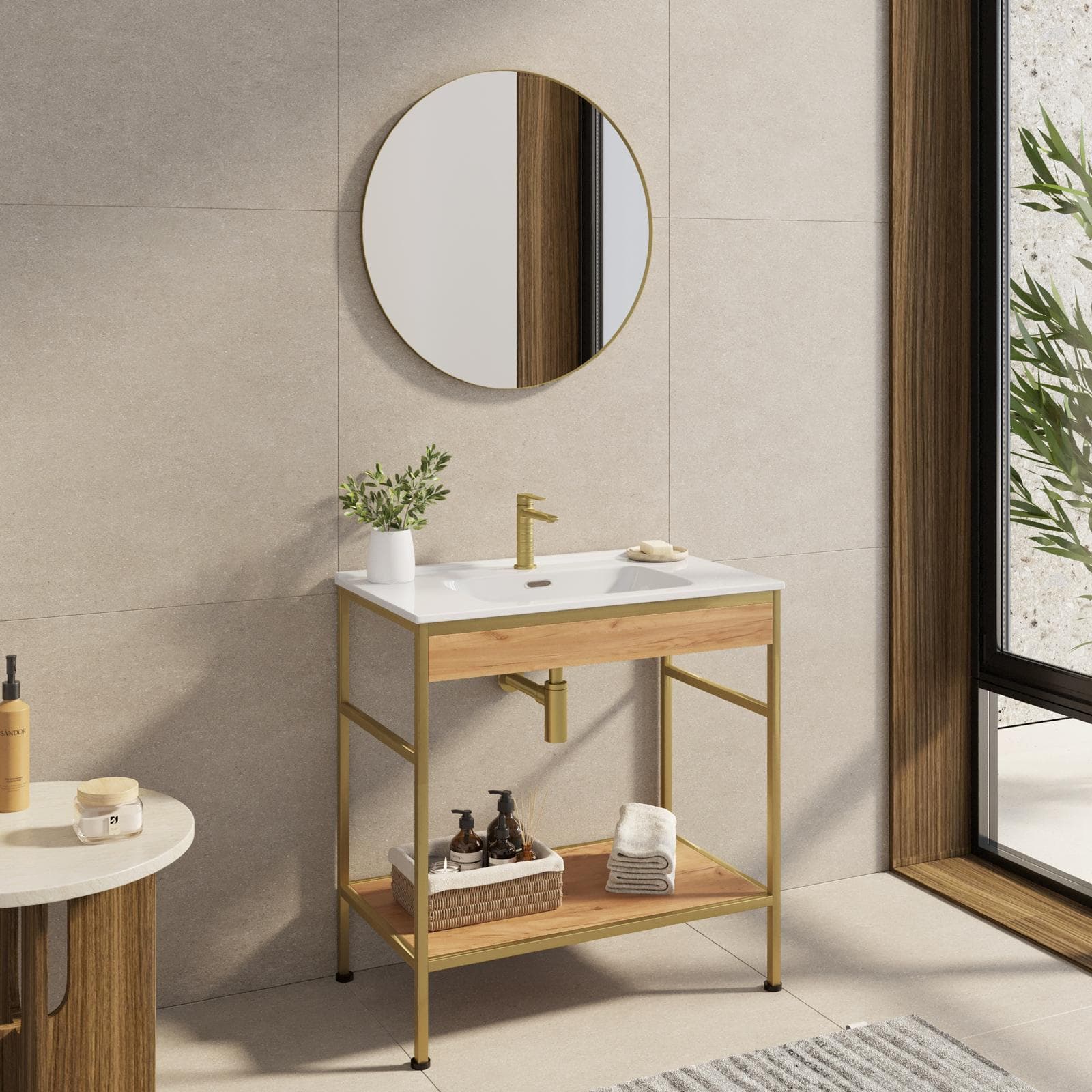 Mobile bagno a terra 90 cm oro spazzolato e rovere con lavabo integrato e specchio - Axis