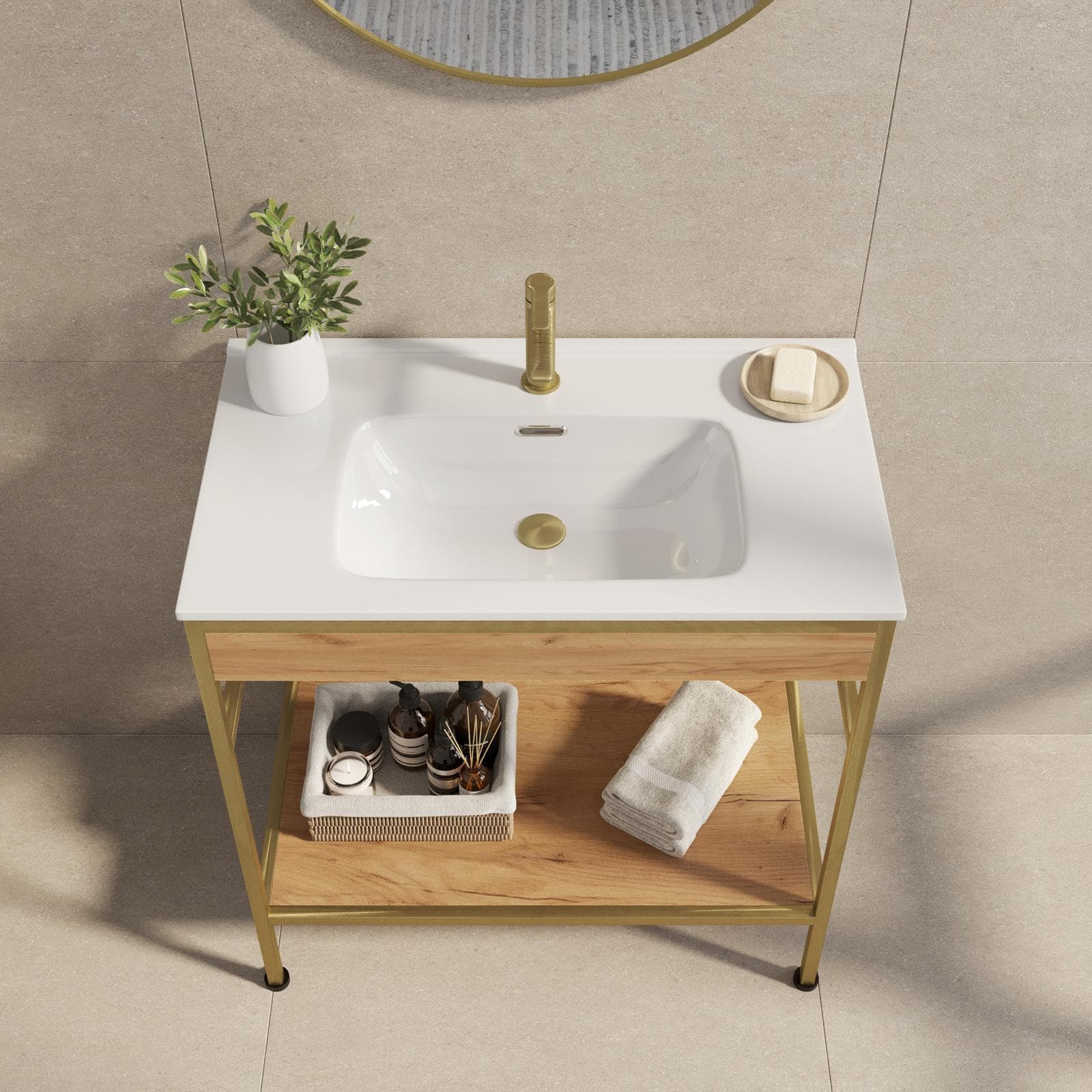 Mobile bagno a terra 90 cm oro spazzolato e rovere con lavabo integrato e specchio - Axis