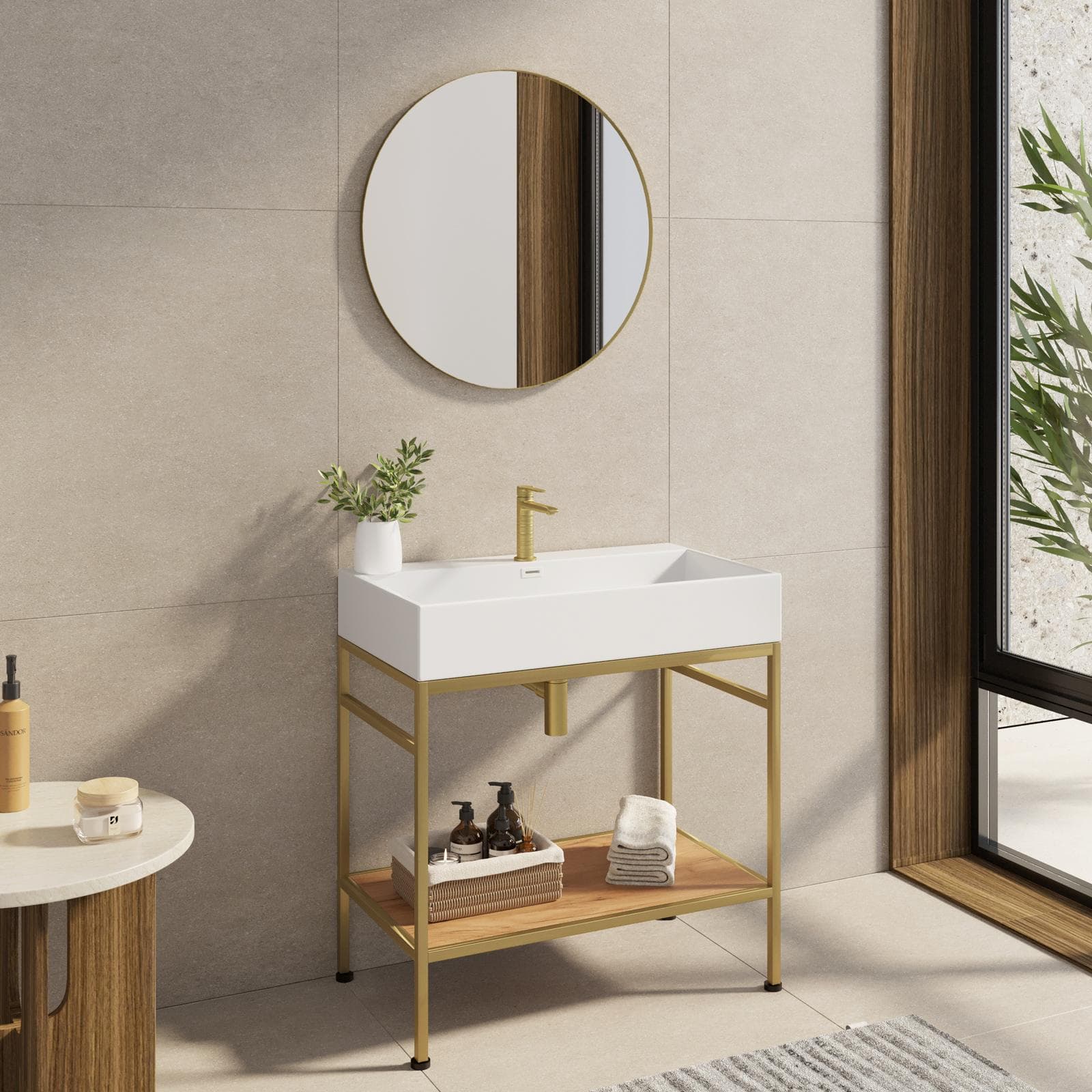 Mobile bagno a terra 90 cm oro spazzolato e rovere con top lavabo e specchio - Axis