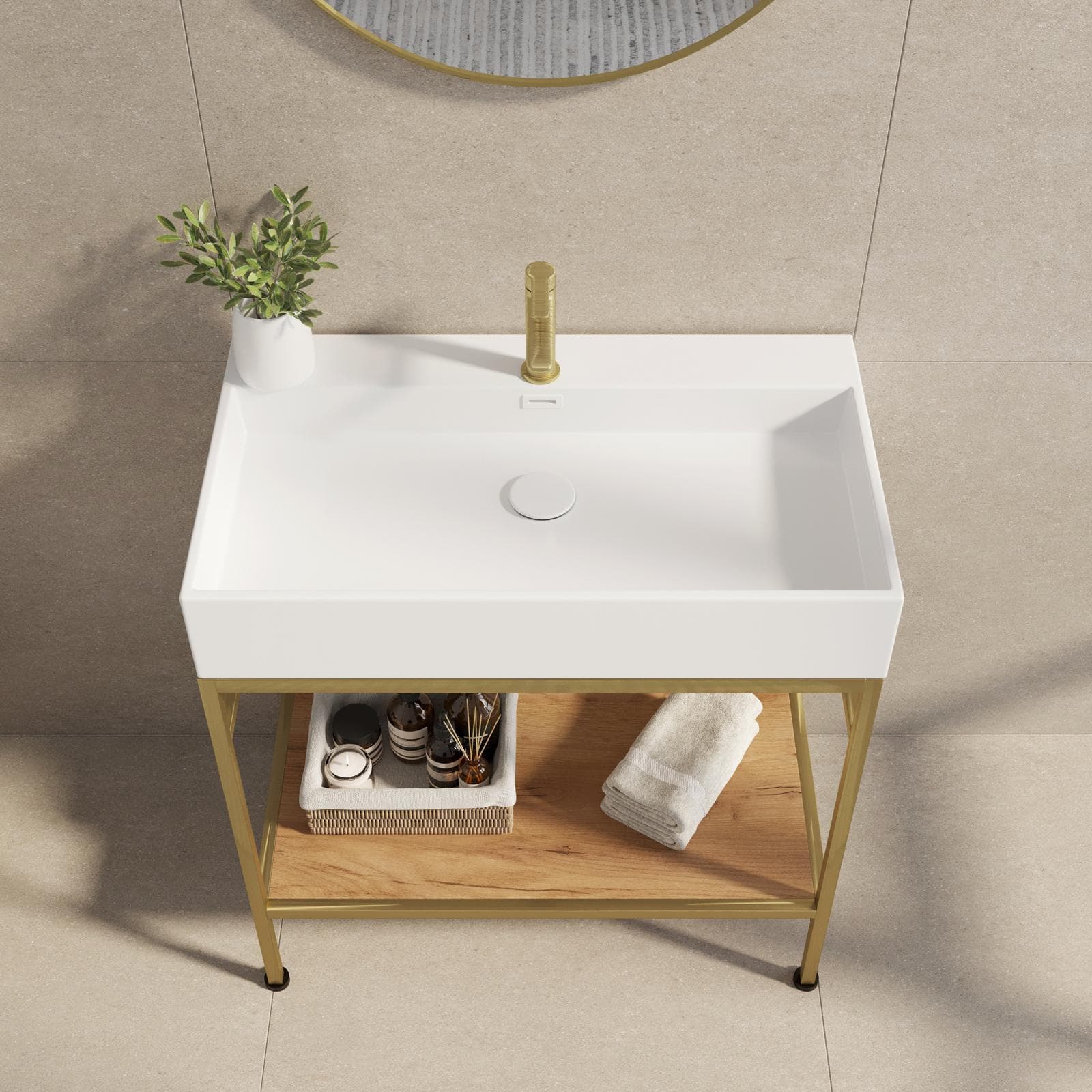 Mobile bagno a terra 90 cm oro spazzolato e rovere con top lavabo e specchio - Axis
