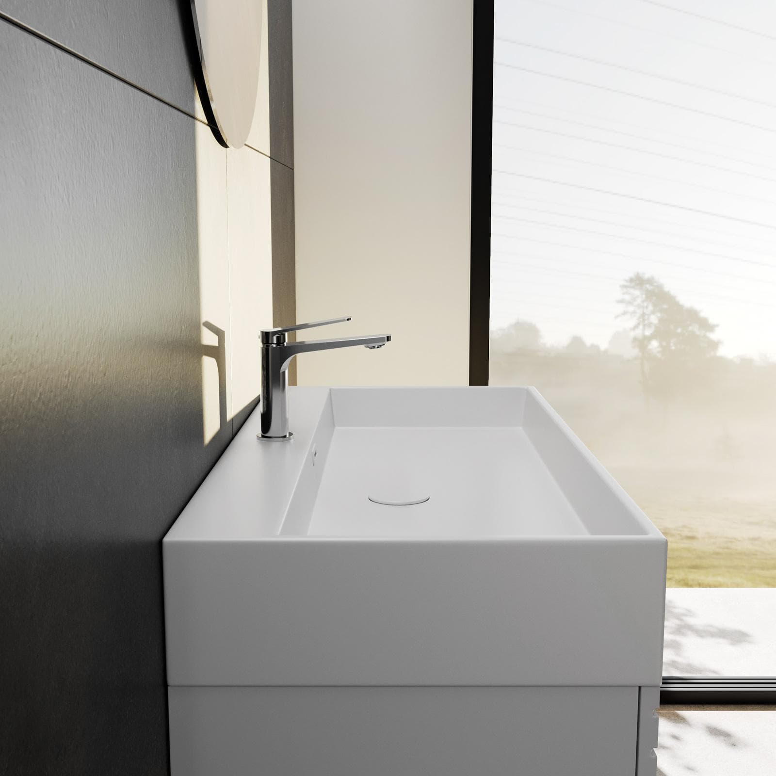 Mobile bagno a terra 90 cm oro spazzolato e rovere con top lavabo e specchio - Axis