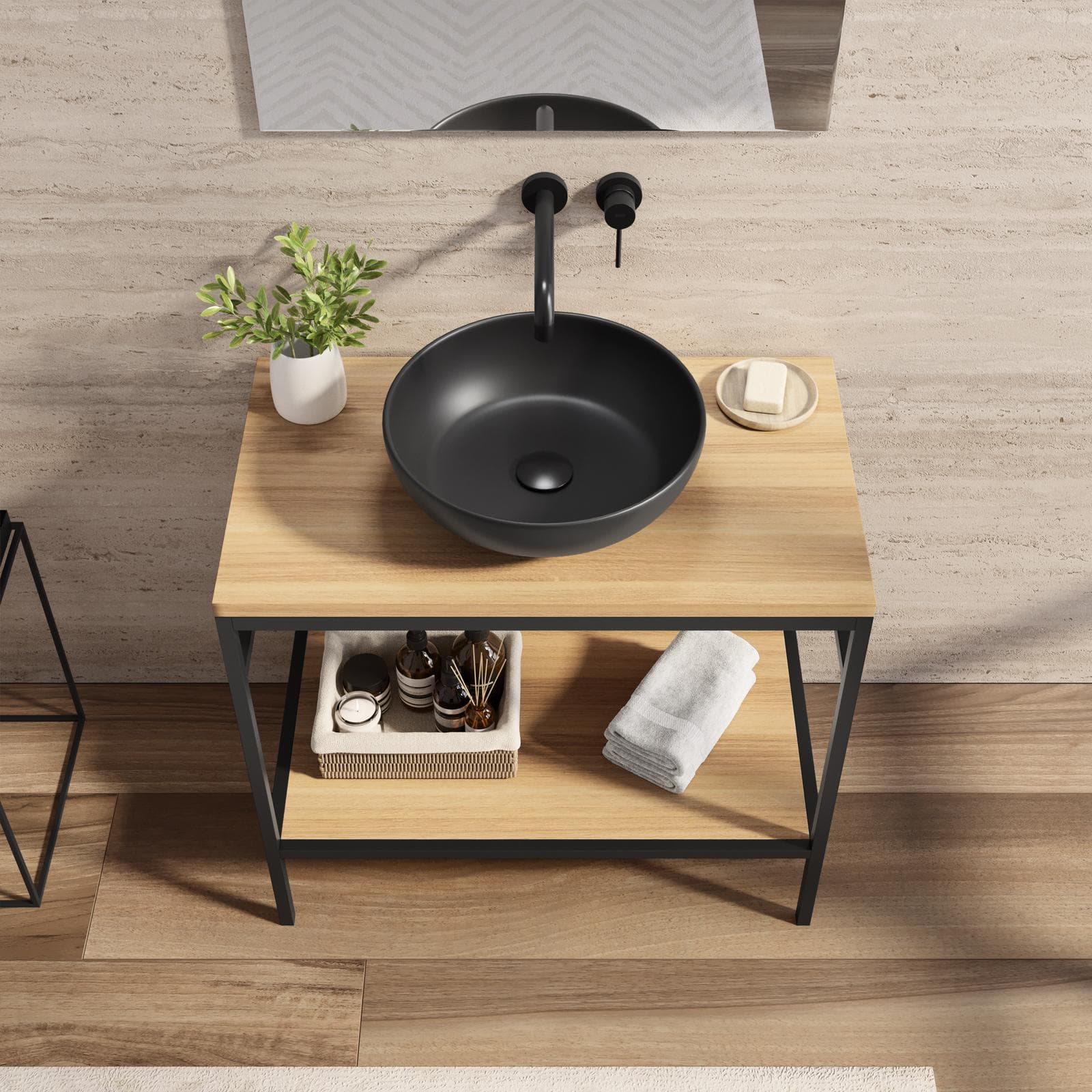 Mobile bagno a terra 90 cm portalavabo nero e rovere con specchio - Axis
