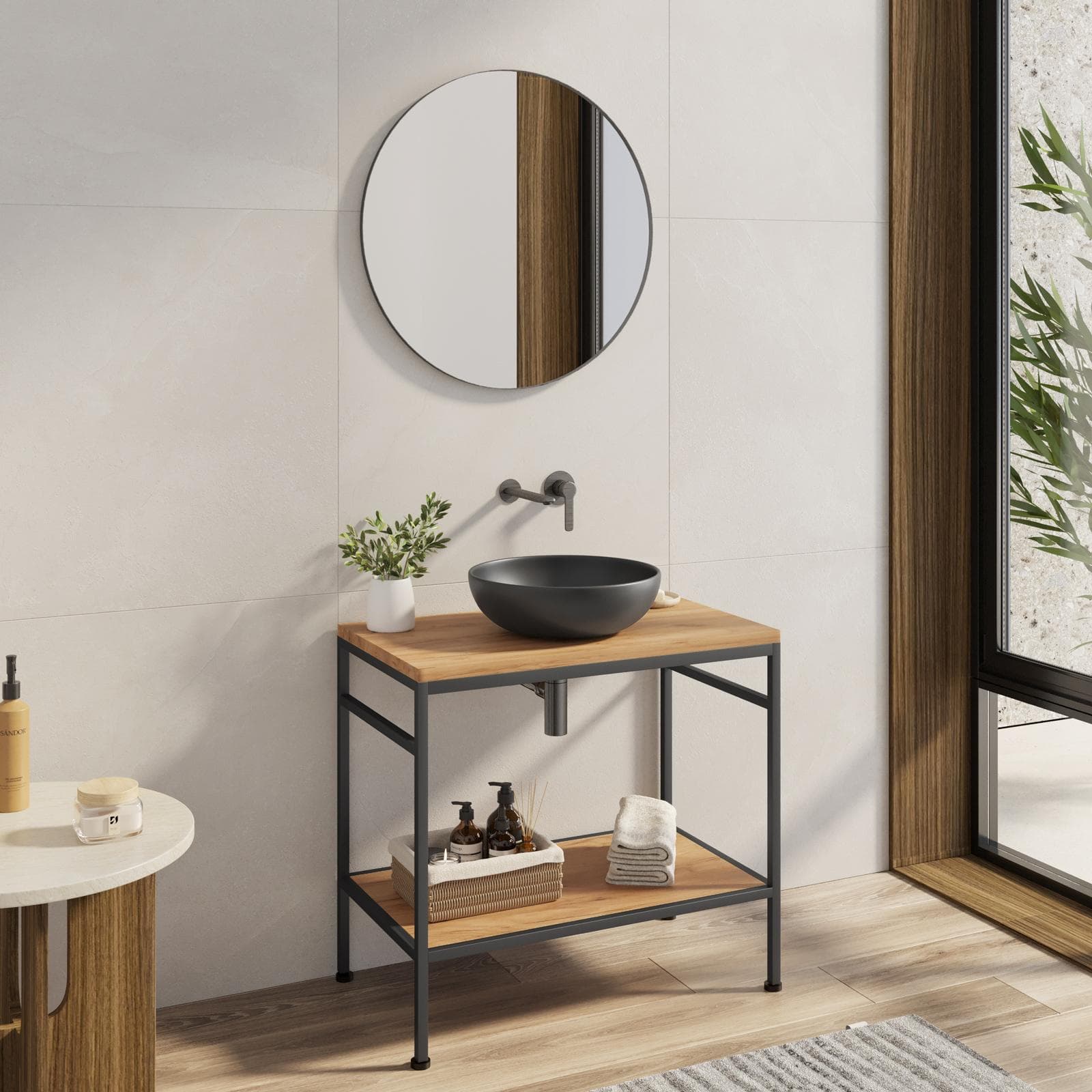 Mobile bagno a terra 90 cm portalavabo nero spazzolato e rovere con specchio - Axis