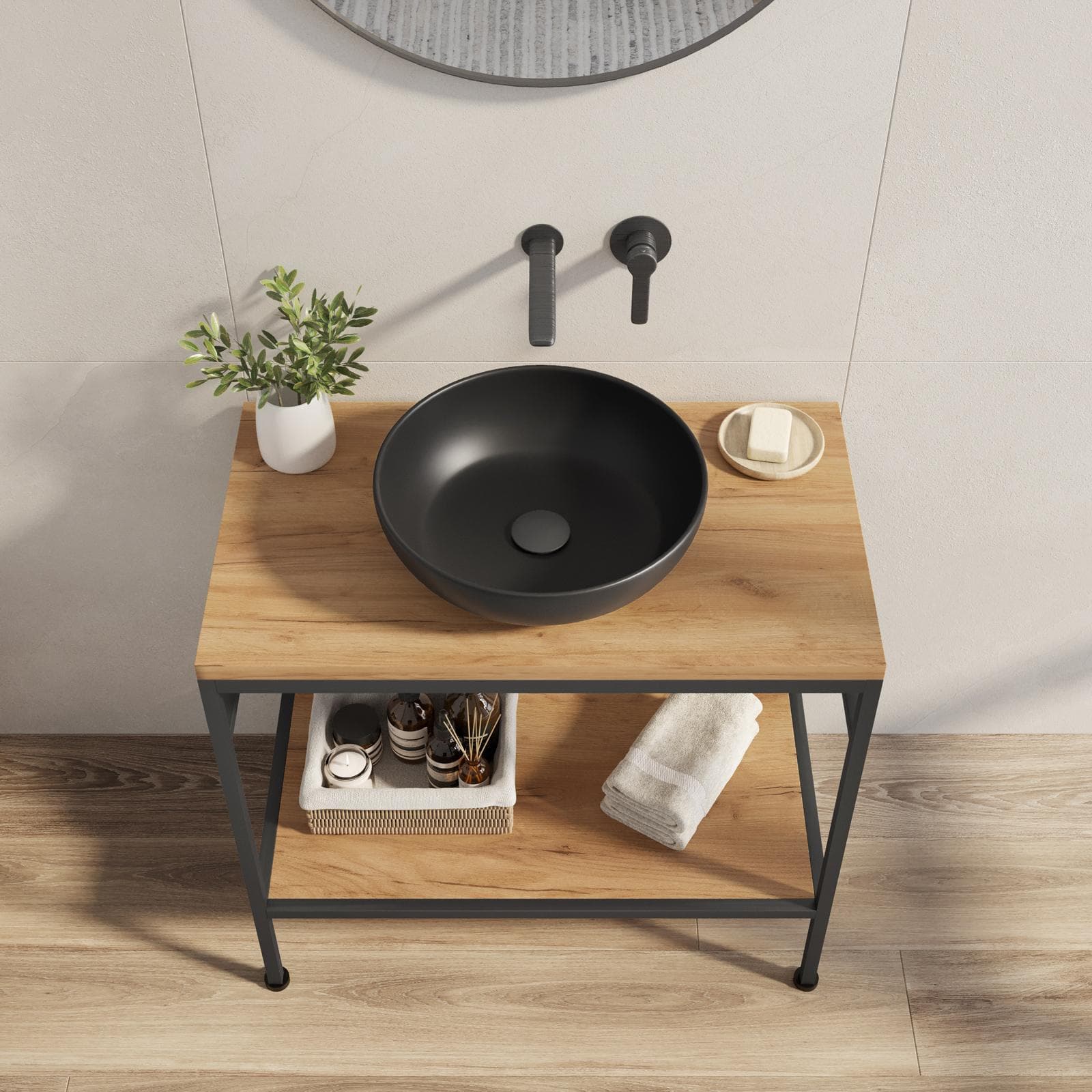 Mobile bagno a terra 90 cm portalavabo nero spazzolato e rovere con specchio - Axis