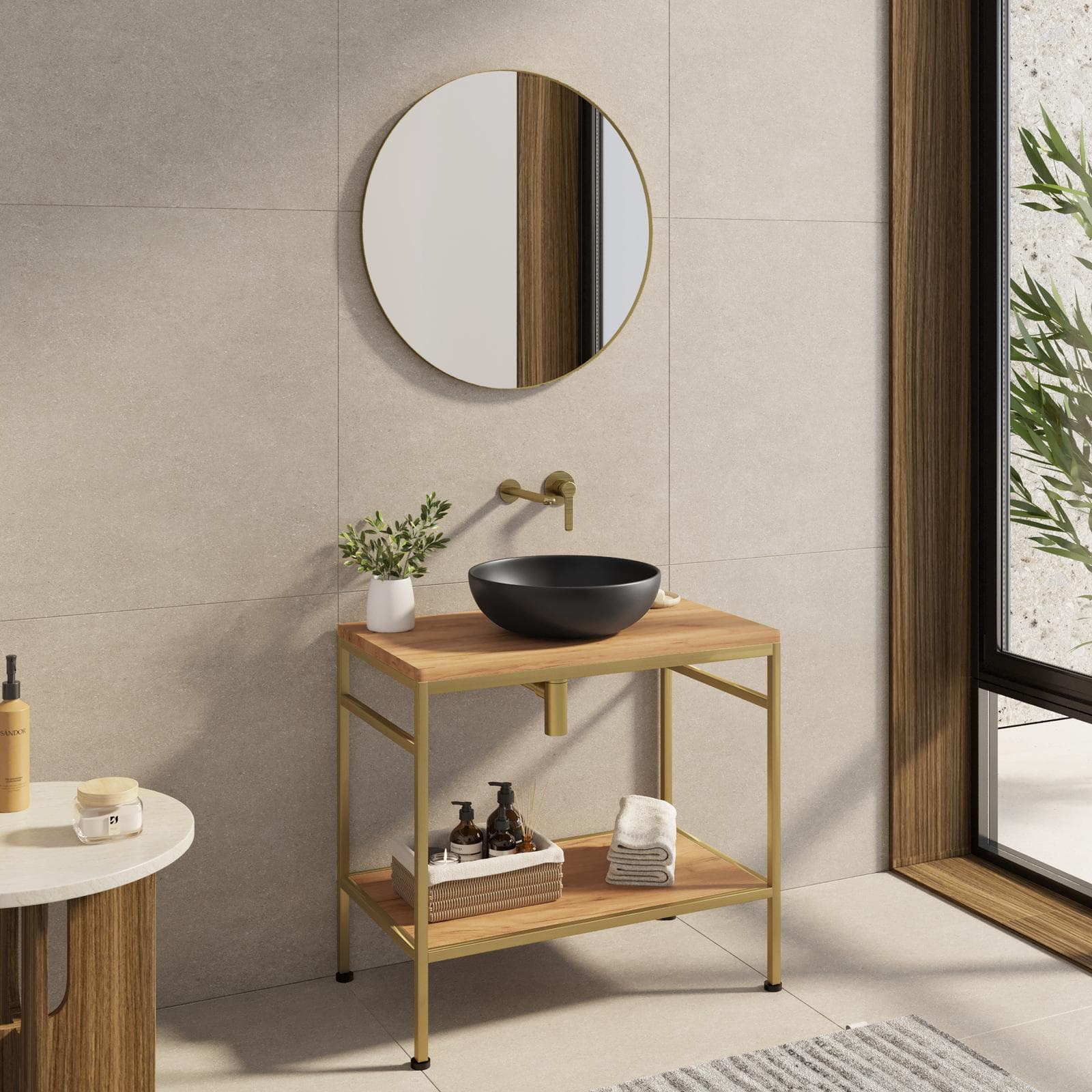 Mobile bagno a terra 90 cm portalavabo oro spazzolato e rovere con specchio - Axis