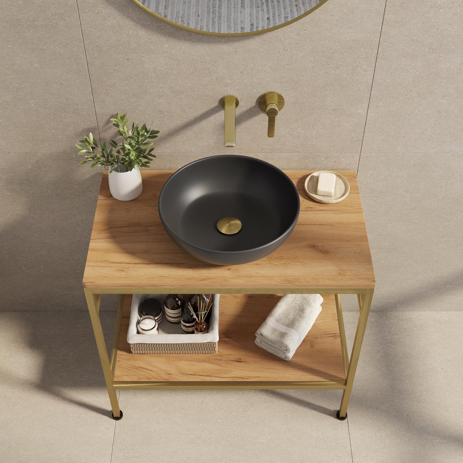 Mobile bagno a terra 90 cm portalavabo oro spazzolato e rovere con specchio - Axis