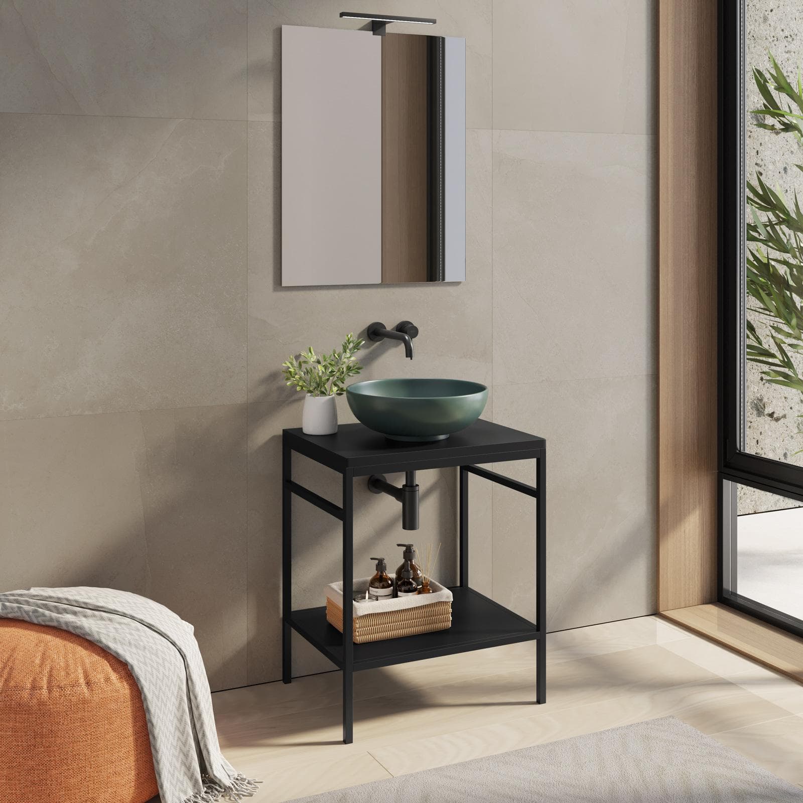 Mobile bagno a terra portalavabo 60 cm nero opaco con specchio - Axis