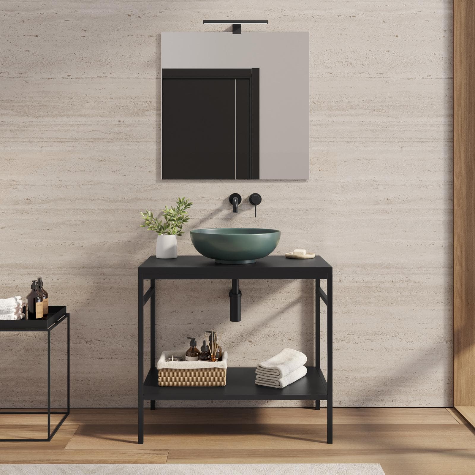 Mobile bagno a terra portalavabo 80 cm nero opaco con specchio - Axis
