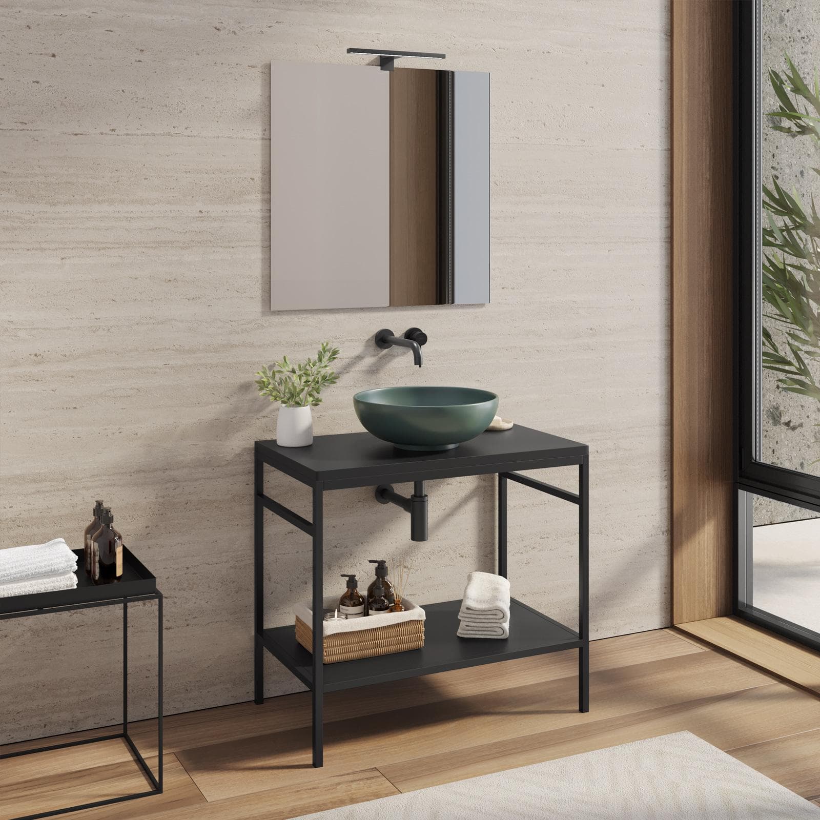 Mobile bagno a terra portalavabo 80 cm nero opaco con specchio - Axis