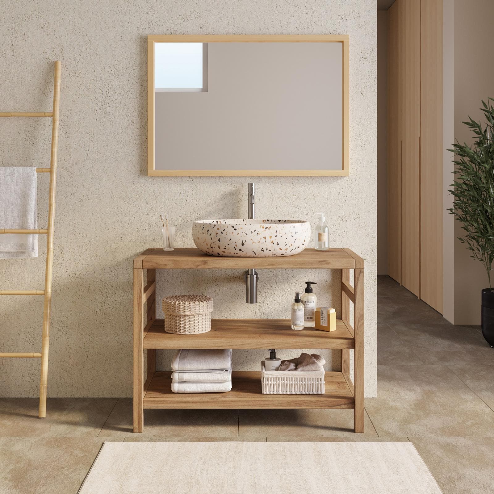 Mobile bagno a terra sottolavabo 100 cm con doppio ripiano in legno di acacia - Palmas