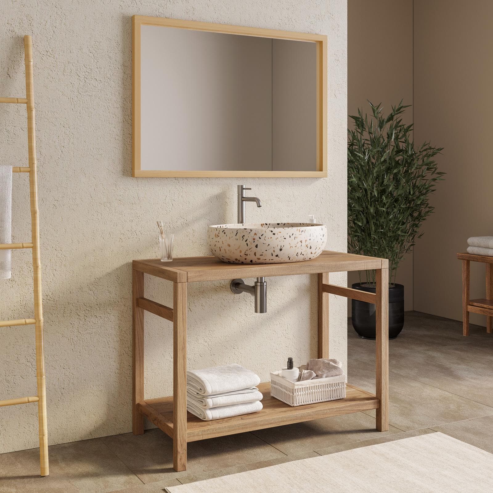 Mobile bagno a terra sottolavabo 100 cm in legno di acacia - Palmas