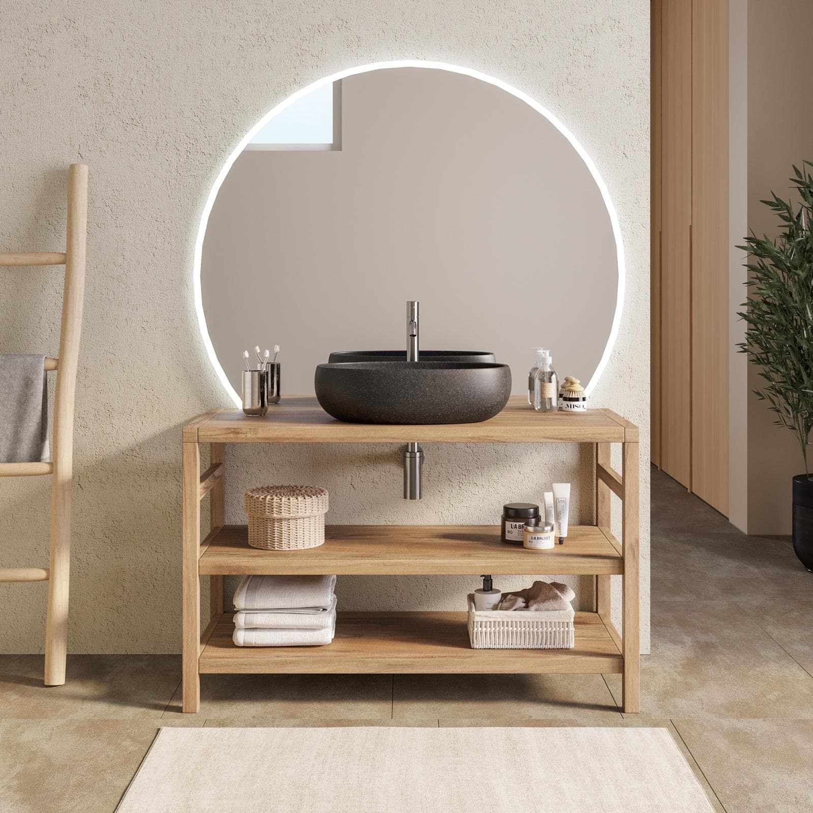 Mobile bagno a terra sottolavabo 120 cm con doppio ripiano in legno di acacia - Palmas