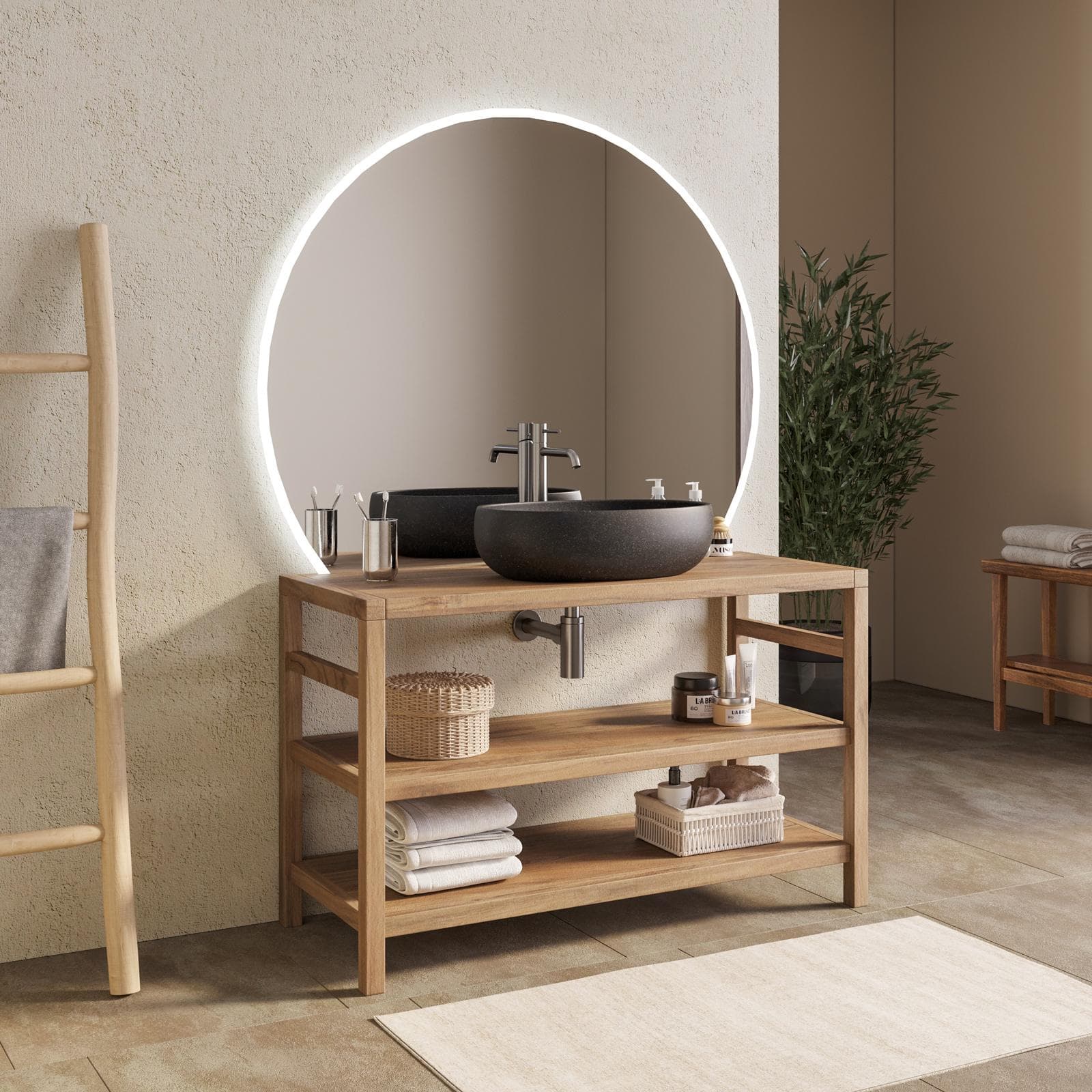 Mobile bagno a terra sottolavabo 120 cm con doppio ripiano in legno di acacia - Palmas