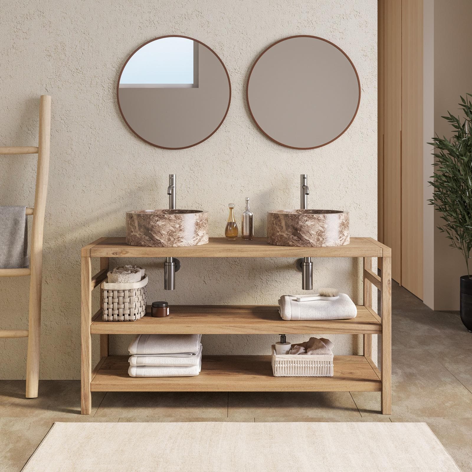 Mobile bagno a terra sottolavabo 140 cm con doppio ripiano in legno di acacia - Palmas