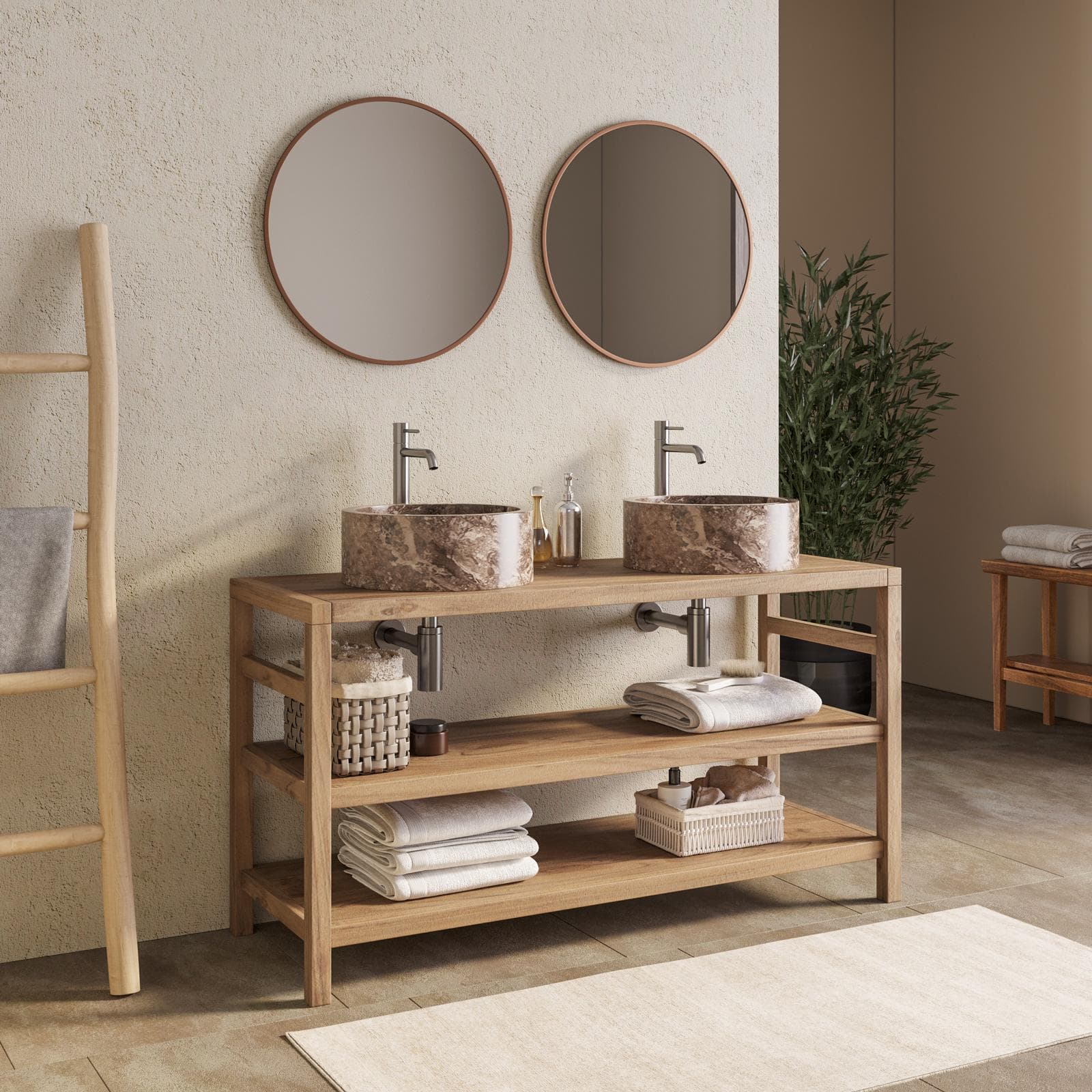Mobile bagno a terra sottolavabo 140 cm con doppio ripiano in legno di acacia - Palmas
