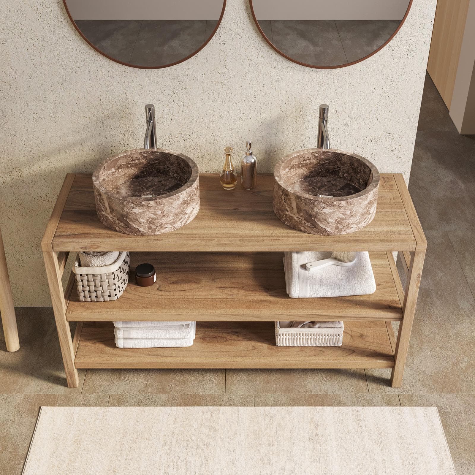 Mobile bagno a terra sottolavabo 140 cm con doppio ripiano in legno di acacia - Palmas