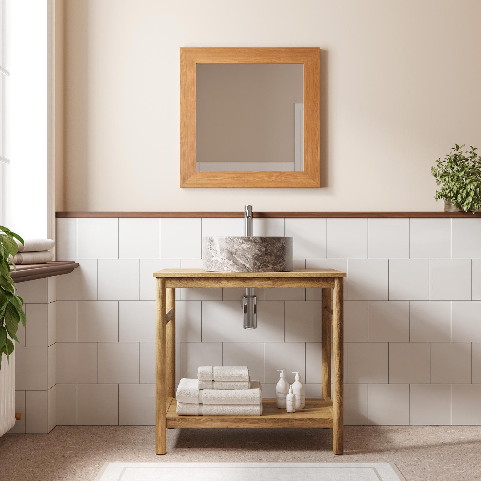 Mobile bagno a terra sottolavabo 80 cm in legno di mango naturale - Caleido