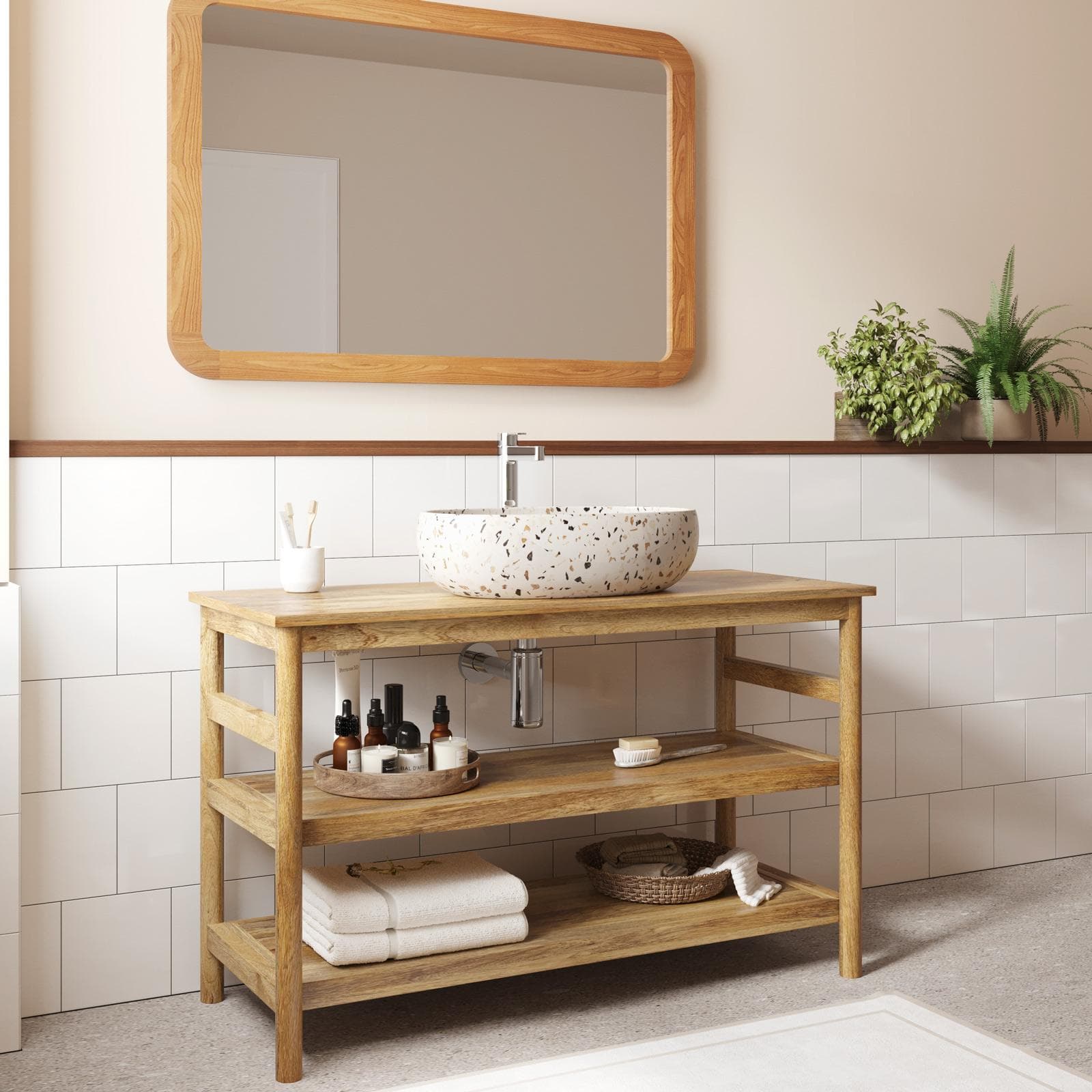 Mobile bagno a terra sottolavabo con ripiano 120 cm in legno di mango naturale - Caleido