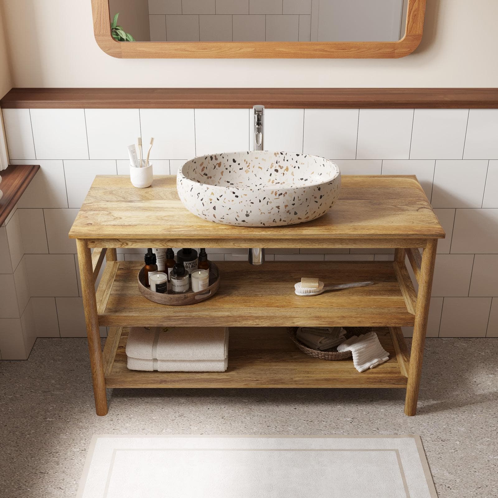 Mobile bagno a terra sottolavabo con ripiano 120 cm in legno di mango naturale - Caleido
